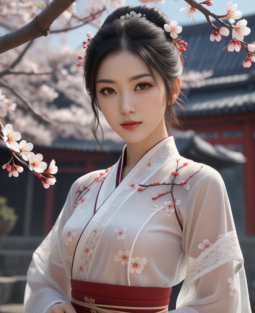 (,1girl, ,best quality, )masterpiece, fantasy, realistic,science fiction,mole, ultra realistic 8k cg, ,tamari \(flawless\),    , plum blossoms,(()), (()), ,see-through, lace,