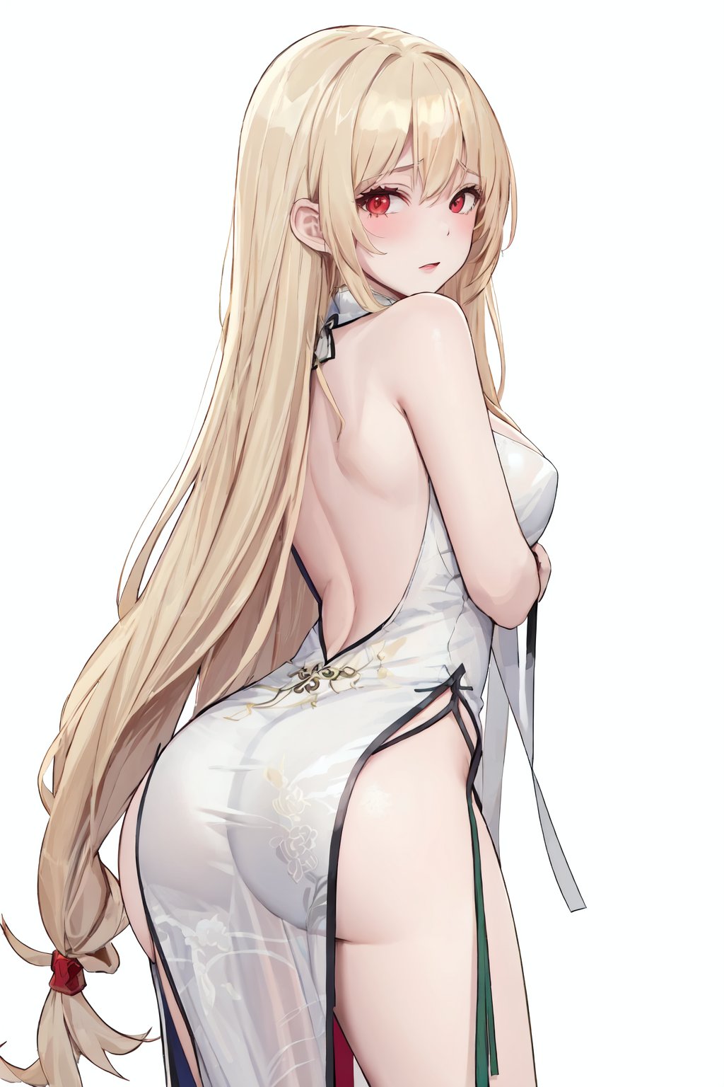 1girl, long hair, red eyes, solo, blonde hair, dress, looking at viewer, ass, china dress, looking back, very long hair, bangs, chinese clothes, white dress, bare shoulders, breasts, white background, thighs, simple background, small breasts, from behind, blush, back, clothing cutout, pelvic curtain, sweatdrop