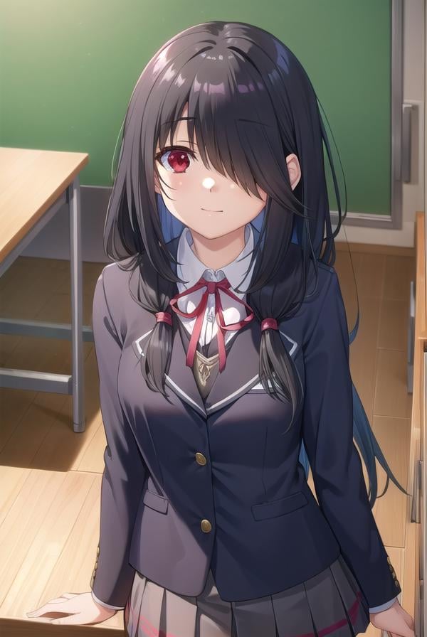 kurumitokisaki, <lora:kurumi tokisaki s2-lora-nochekaiser:1>,kurumi tokisaki school uniform, (tokisaki kurumi:1.2), long hair, skirt, black hair, (red eyes:1.3), long sleeves, ribbon, school uniform, jacket, pleated skirt, bag, (hair over one eye:1.5), blue skirt, blazer, school bag, black blazer, smile,BREAK ,BREAK indoors, classroom,BREAK looking at viewer, (cowboy shot:1.5),BREAK <lyco:GoodHands-beta2:1>, (masterpiece:1.2), best quality, high resolution, unity 8k wallpaper, (illustration:0.8), (beautiful detailed eyes:1.6), extremely detailed face, perfect lighting, extremely detailed CG, (perfect hands, perfect anatomy),