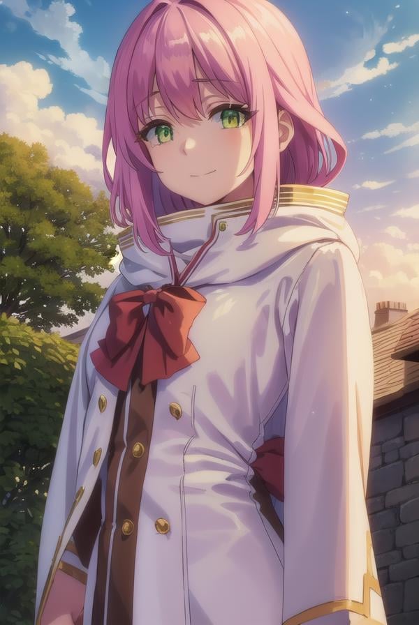 nornclatalissajioral, <lora:norn clatalissa jioral s1-lora-nochekaiser:1>,norn clatalissa jioral, long hair, hair between eyes, (green eyes:1.5), pink hair, smile,BREAK long sleeves, dress, bow, red bow, hood, robe, white robe,BREAK outdoors, forest, nature, grass, trees, sun, sky, clouds,BREAK looking at viewer, (cowboy shot:1.5),BREAK <lyco:GoodHands-beta2:1>, (masterpiece:1.2), best quality, high resolution, unity 8k wallpaper, (illustration:0.8), (beautiful detailed eyes:1.6), extremely detailed face, perfect lighting, extremely detailed CG, (perfect hands, perfect anatomy),