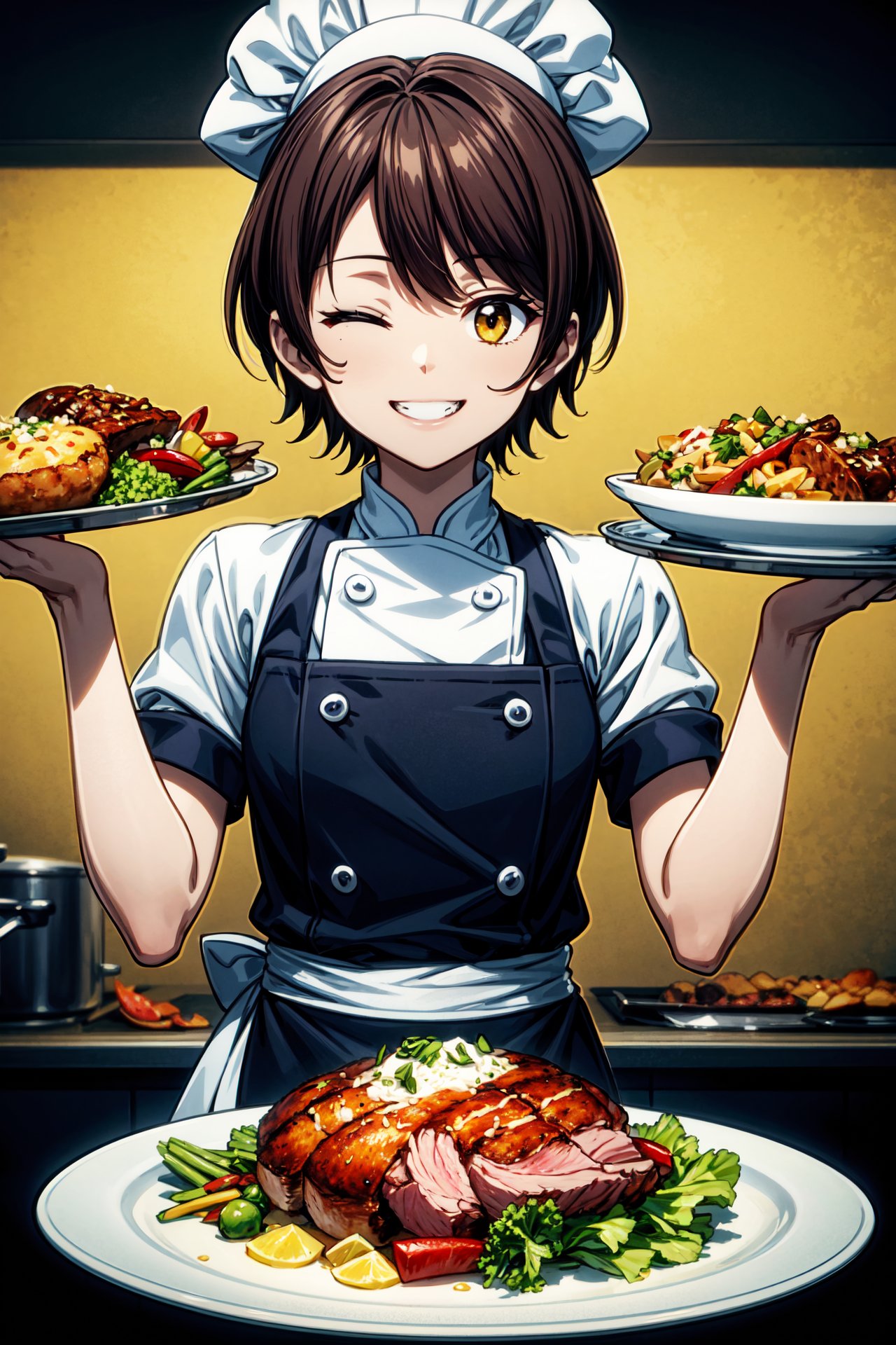 (absurdres:1.1, highres:1.1, ultra detailed:1.1), (masterpiece, best quality:1.1),(insanely detailed, high resolution:1.1), (ultra detailed hair:1.2), (1girl, chef:1.3), solo, (food focus:1.3),BREAKbrown hair, short hair, (one eye closed:1.1), facing viewer, closed eyes, ^ ^, light smile, chef hat, flat top chef hat, (turkey \(food\):1.3), holding, holding plate, plate, teeth, tray, boned meat, BREAKupper body, simple background, light yellow background, (straight-on:1.1), BREAK <lora:flat2:-0.3> <lora:more_details:0.3>