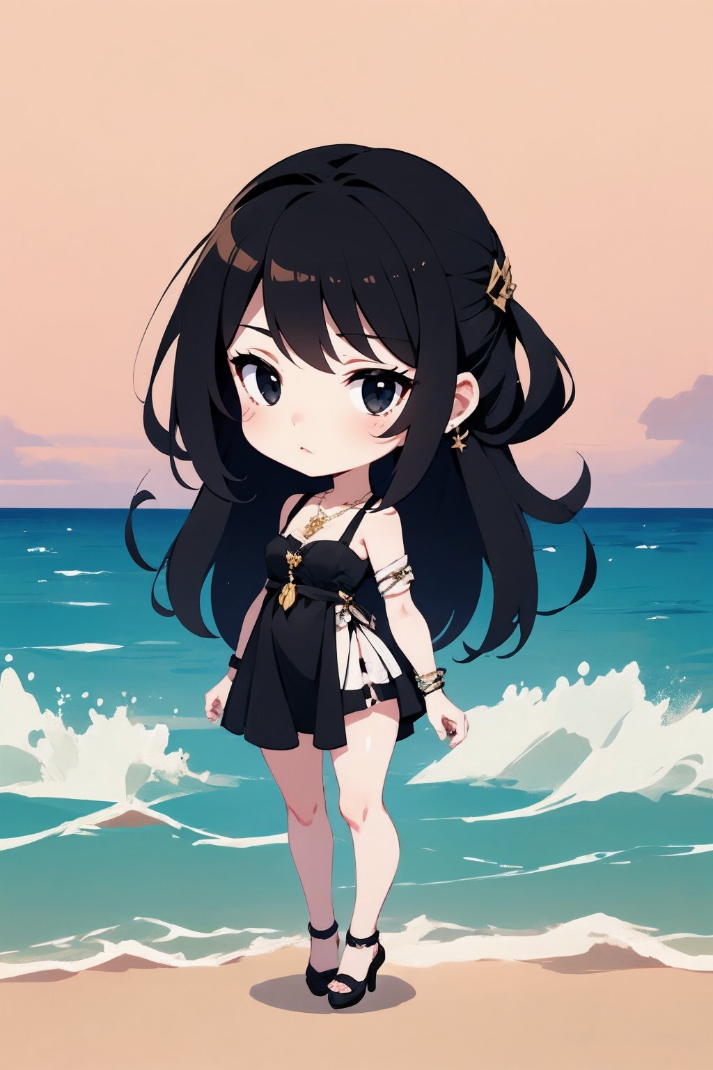 <lora:AgainChibiLora_v1:1>,1girl, solo, jewelry, black hair, necklace, dress, black eyes, black dress, black footwear, (full body:1.2), (sea:1.2),