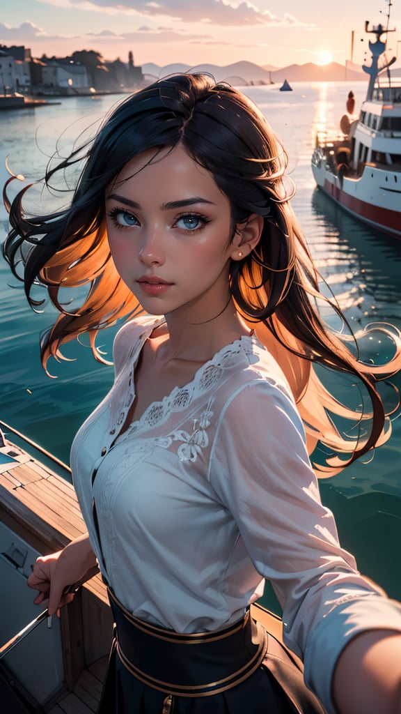 (masterpiece drawning, high quality), (solo:1.1), a digital art of a spanish girl, epic Sunrise, boat port, (soft lighting), Porta 160 color, shot on Leica T, sharp focus on subject, shot by Candida Höfer, Extreme detail, , (vibrant color), (intricate details), (dynamic angle)