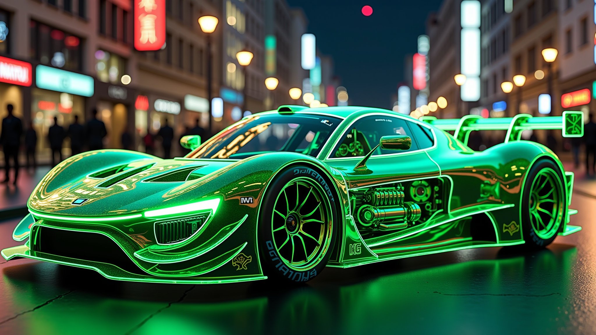 spectacular digital rendering of  a (transparent:1.8) DTM concept hyper car,  revealing internal mechanical components such as engine, car chassis, suspension, and internal wiring, detailed textures, detailed machinery,  accurate lighting and shadows, 8k quality, intricate patterns, high-definition, glossy Green neon finish, vivid reflections, perfect lighting, busy street at night, BREAK