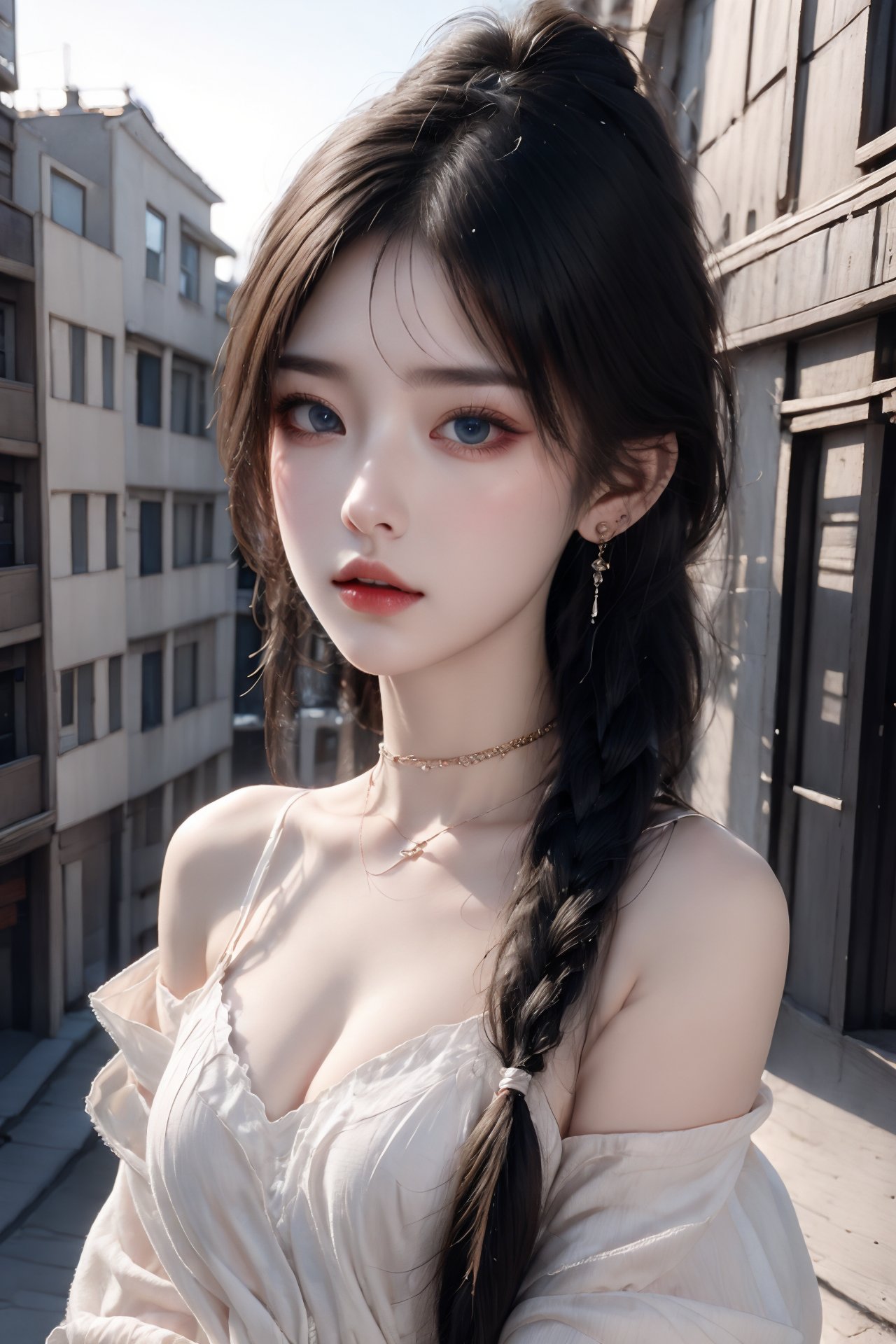 1girl, artist name, bare shoulders, blue eyes, blue hair, blurry, blurry background, braid, breasts, building, choker, cleavage, depth of field, earrings, hair over shoulder, jewelry, long hair, looking at viewer, medium breasts, necklace, off shoulder, outdoors, parted lips, single braid, solo, sunset, upper body  <lora:1:1>