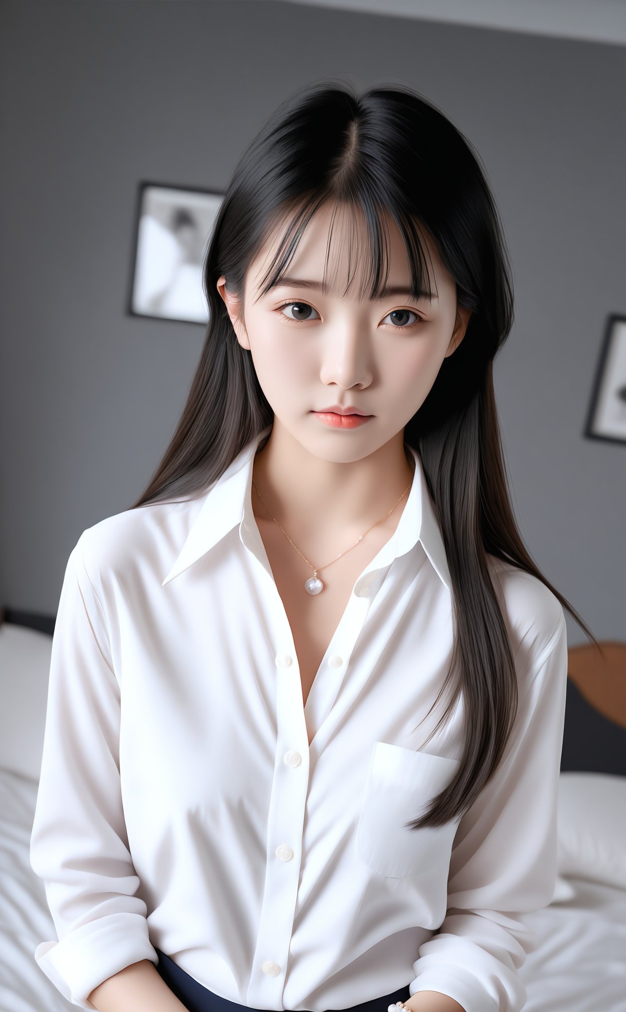 masterpiece,best quality,high quality,realistic,1girl,black hair,solo,jewelry,shirt,realistic,looking at viewer,bracelet,white shirt,asian,necklace,upper body,collared shirt,black eyes,long hair,photorealistic,dutch angle,blurry,indoors,closed mouth,dress shirt,bed,lips,k-pop,border,bedroom,blurry background,long sleeves,dressing,