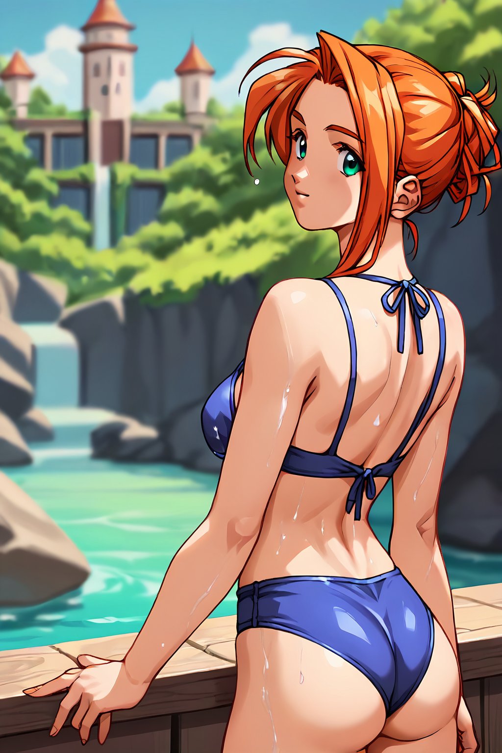 score_9, score_8_up, score_7_up, score_6_up, score_5_up, score_4_up, source_anime,kanou makoto, makoto_red, orange hair, single hair bun,1girl, solo, water, bikini, ass, looking back, wet, smile, outdoors, day, looking at viewer, tight body,standing,masterpiece, perfect face, best quality, beautiful girl, blurry background, cute girl, beautiful eyes, shiny eyes, anime coloring, anime screencap, absurdres, <lora:akiyama midori anyt 905:0.8>