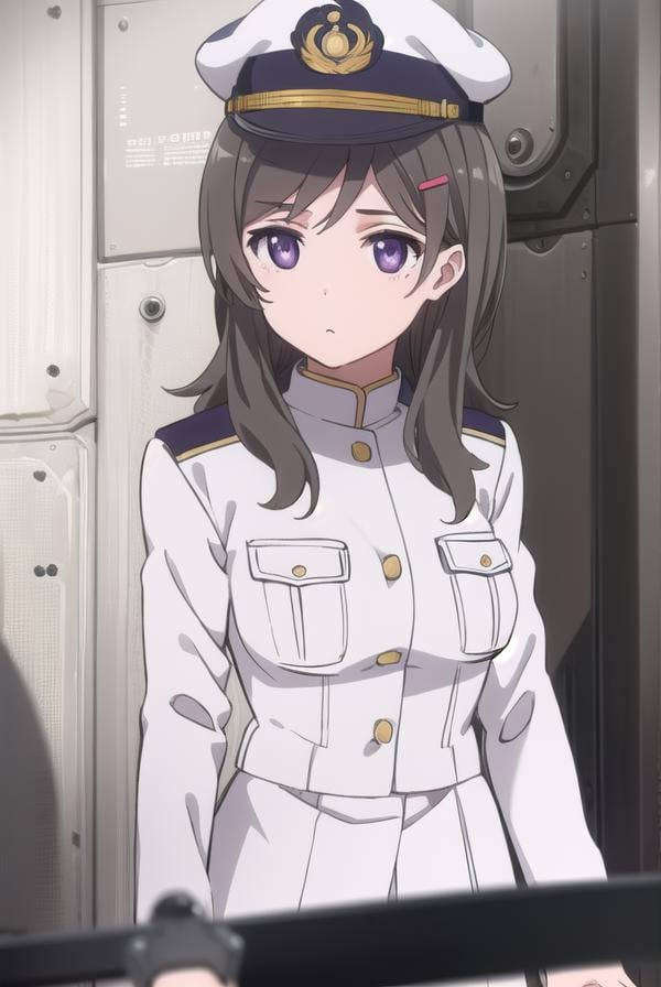 chinamoeka, <lora:china moeka s1-lora-nochekaiser:1>,china moeka, long hair, brown hair, (purple eyes:1.1),BREAK hair ornament, hat, hairclip, uniform, military, military uniform, peaked cap, naval uniform, (white uniform:1.5),BREAK outdoors, ship, navy,BREAK looking at viewer, (cowboy shot:1.5),BREAK <lyco:GoodHands-beta2:1>, (masterpiece:1.2), best quality, high resolution, unity 8k wallpaper, (illustration:0.8), (beautiful detailed eyes:1.6), extremely detailed face, perfect lighting, extremely detailed CG, (perfect hands, perfect anatomy),