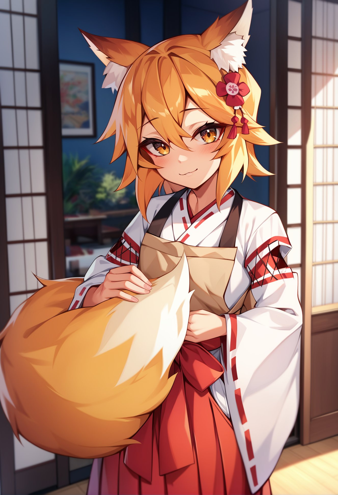 best quality, masterpiece, score_9, score_8_up, (bold line:0.8),1girl, senko \(sewayaki kitsune no senko-san\), blonde hair, flat chest, fox ears, fox tail, hair flower, miko, red hakama, waist bow, brown apron, long sleeves, looking at viewer, holding own tail,indoors, living room interior