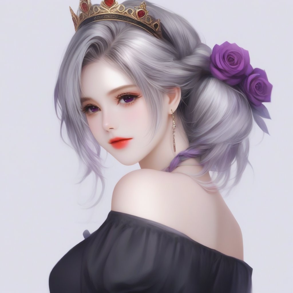 <lora:厚涂风格-000007:0.8>,1girl, solo, hair between eyes, grey hair, bangs, bare shoulders, braid, hair ornament, white background, flower, hair flower, off shoulder, sleeves past wrists, upper body, purple eyes, simple background, closed mouth, red lips, looking at viewer, shirt, grey background, crown braid, black shirt, long sleeves, sleeves past fingers, eyebrows hidden by hair, hand up, rose,