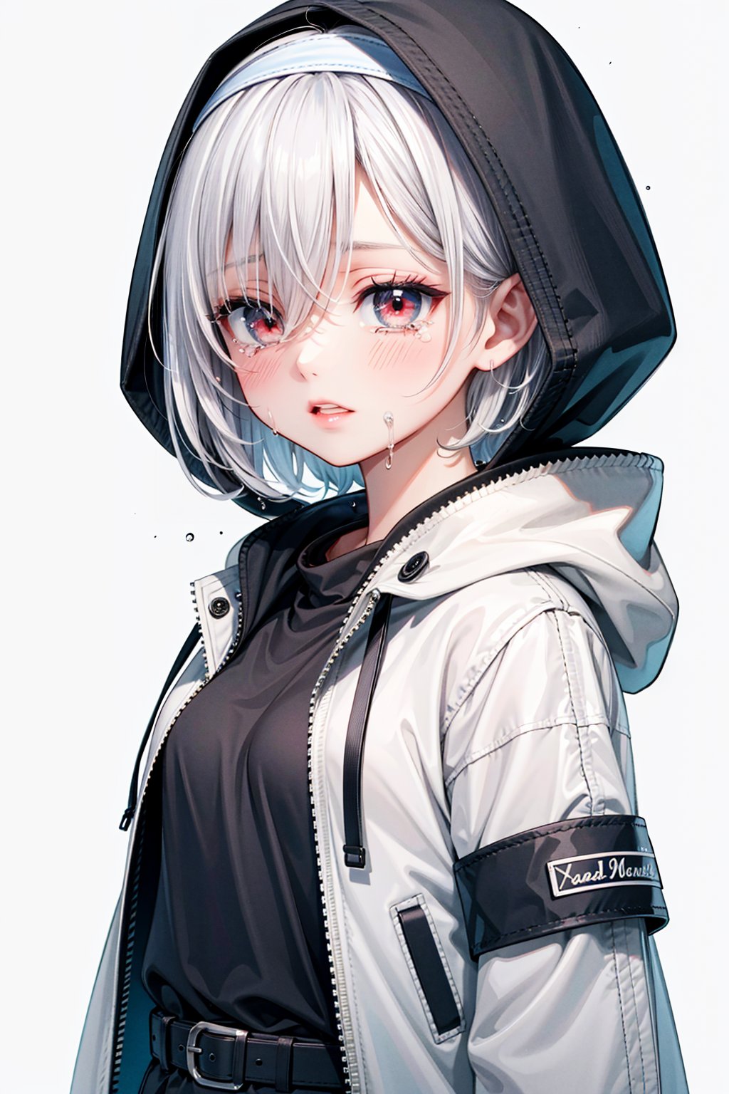 1girl, solo, short hair, bangs, simple background, red eyes, white background, jacket, upper body, white hair, hairband, parted lips, belt, tears, hood, hair over one eye, wet, glowing, white jacket, hood down, crying, hooded jacket, crying with eyes open