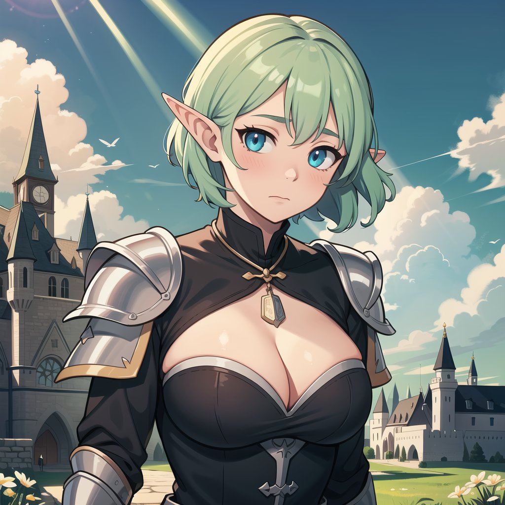 ((masterpiece, best quality, extremely detailed), volumetric lighting, ambient occlusion, colorful, glowing, expressive eyes),

1girl, light green hair, short hair, elf ears, (medieval armor), black suit, neckline, cleavage, knee high boots,
daytime, sun, clouds, grass, castle, medieval castle,
(medieval theme), (fantasy theme),

open eyes, blush, ashamed, closed mouth,
upper body, close up, portrait,