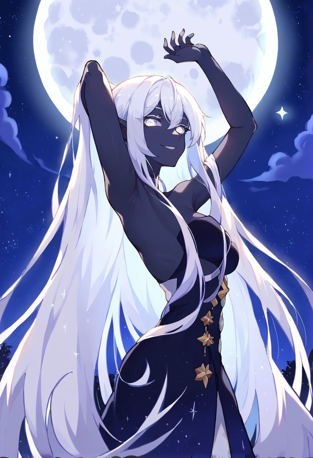1girl, solo, black skin, drow pointy ears, night, moonlight, backlighting, light smile, looking at viewer, very long hair, white hair, star \(sky\), full moon, arm up, starry sky, white eyes, armpits, night sky,<lora:absurdres_quality:1> masterpeice, best quality, very aesthetic, absurdres