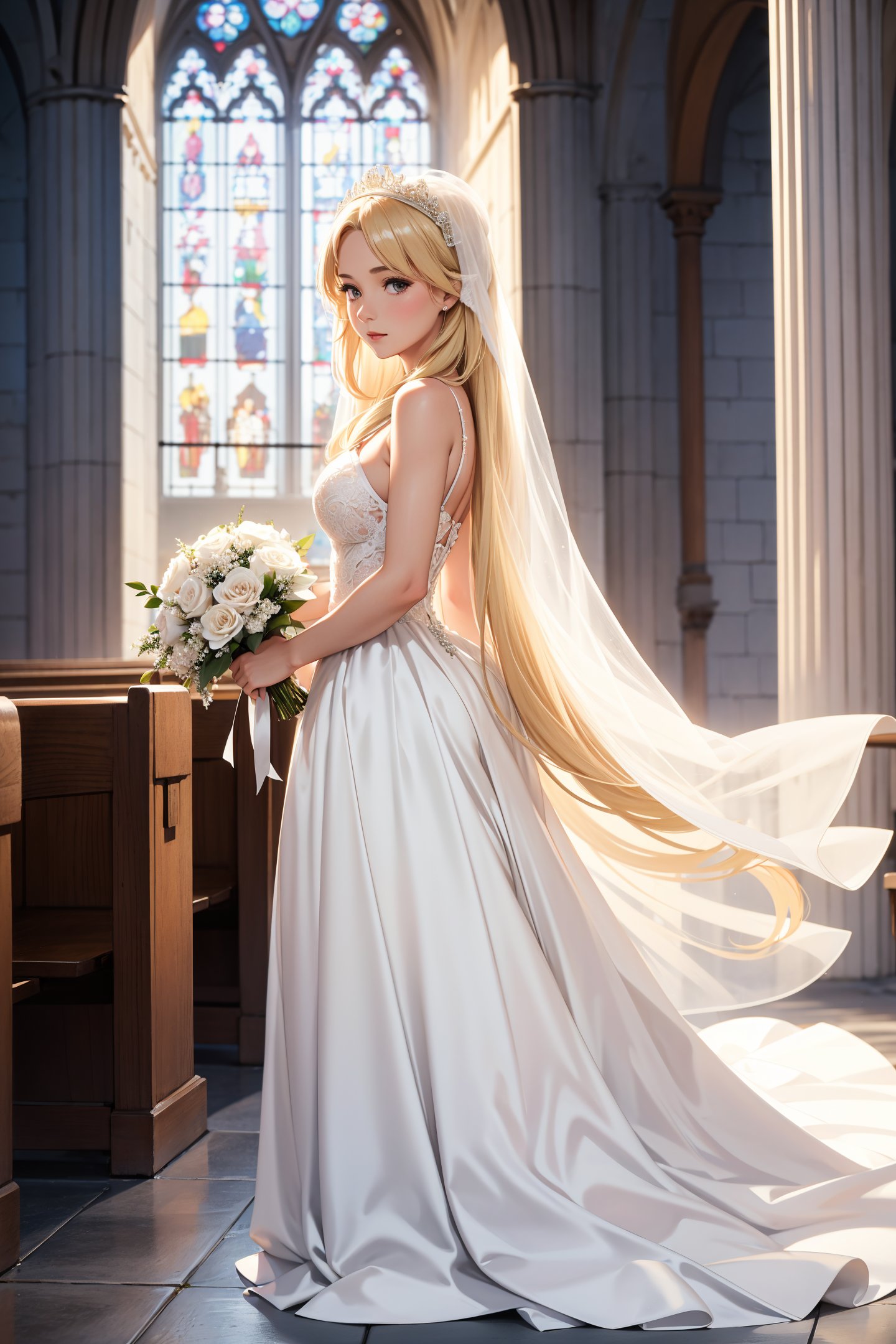 mature woman,blonde,full body,church,wedding dress,holding flower,day,long hair,close up,from side