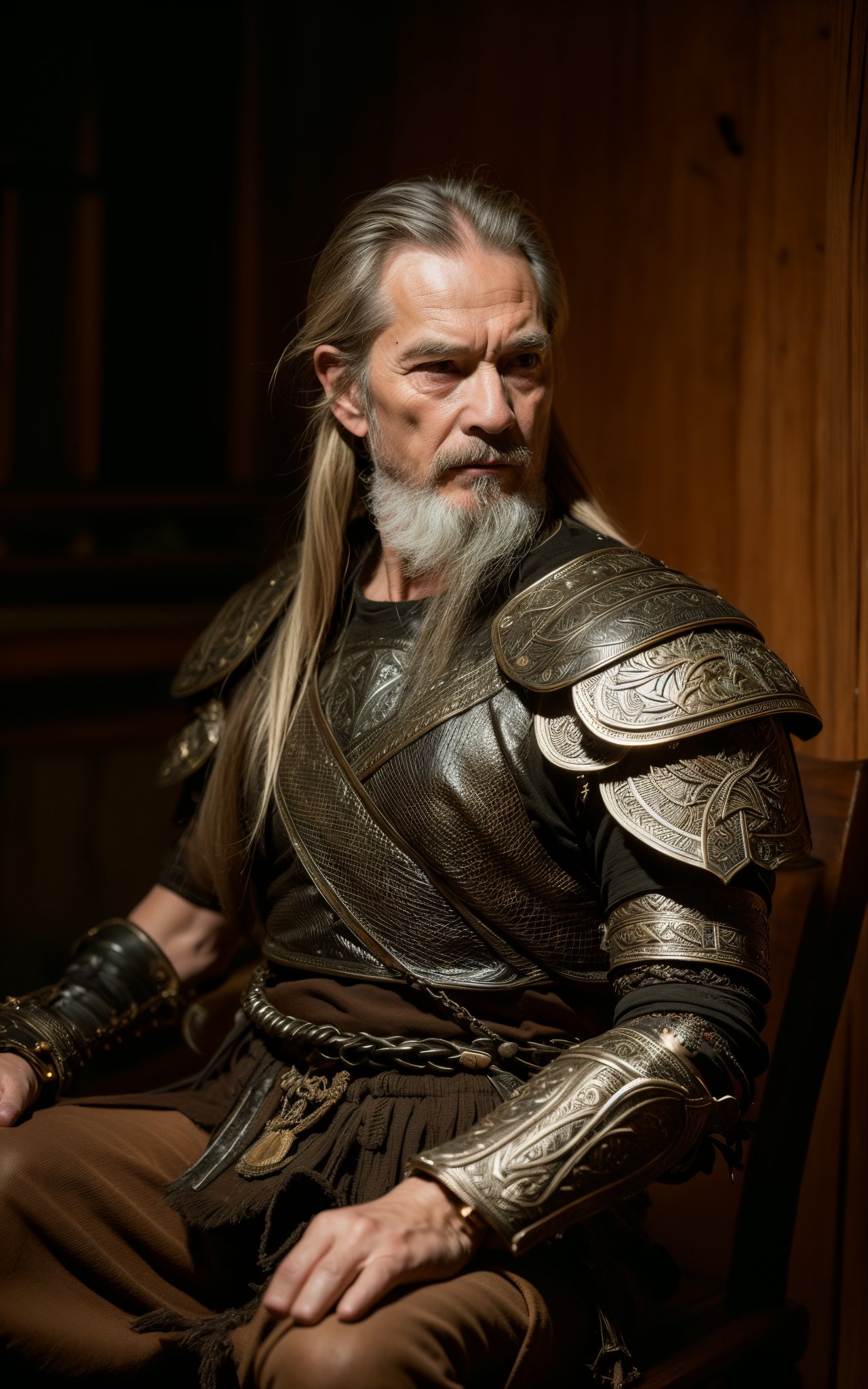 Highest quality, masterpiece, photorealistic, medium shot, RAW photo, of (a weary-looking but still proud and fierce-looking old Viking warrior, now the leader of his village, dressed in elaborately detailed chain mail and leather armour, sitting on a carved wooden throne furrowed with Viking runes and symbols, in the village meeting hall, on his lap rests an elaborately carved and beautifully crafted longsword, a few torches burn on the walls, giving the scene a dark atmosphere but sculpting the forms in sharp chiaroscuro), it is night time, (highly detailed skin), skin texture, (detailed face), detailed background, sharp focus, dark lighting, twilight lighting, volumetric lighting, highly detailed, intricate details, 8k, highly detailed, UHD, HDR,