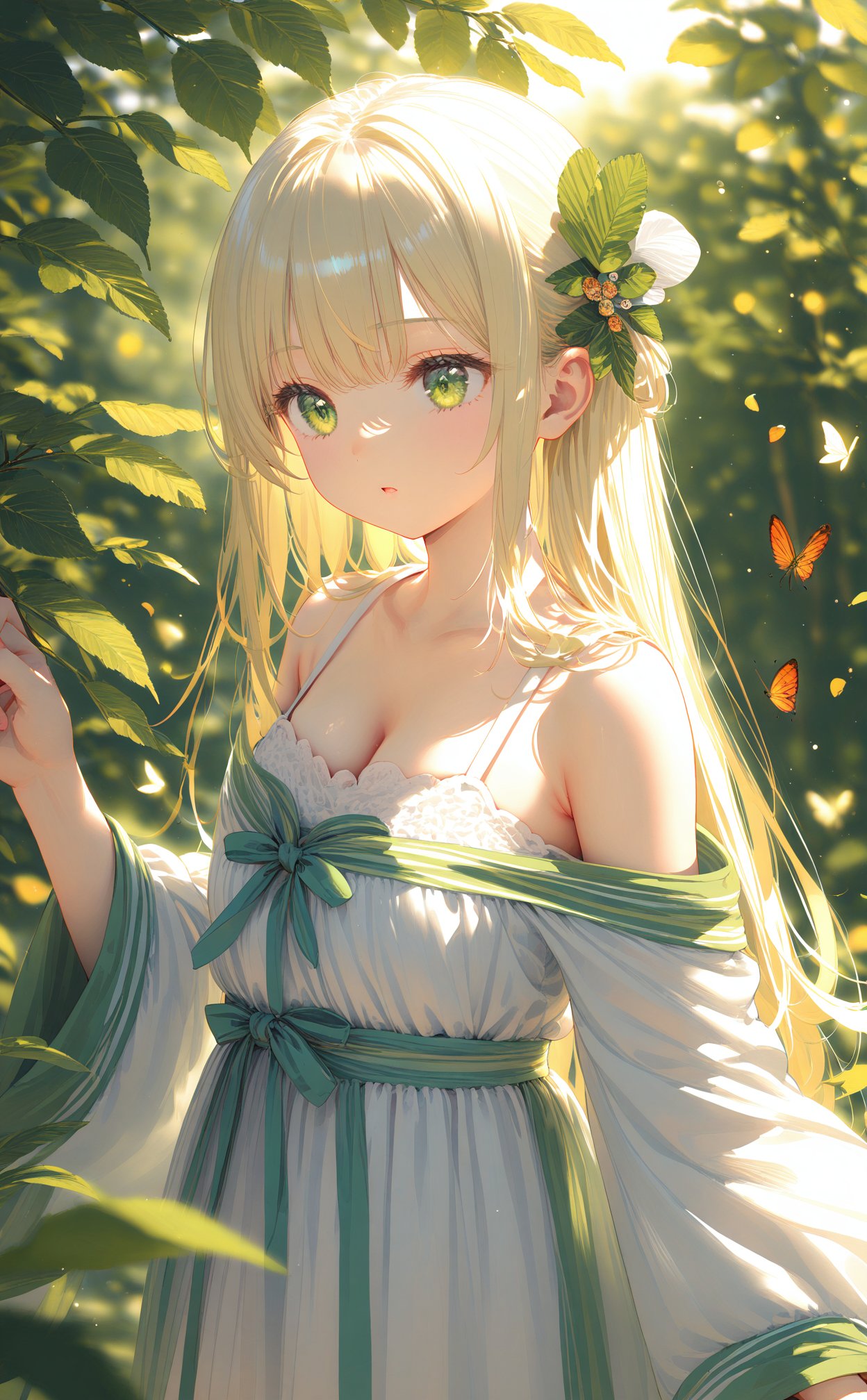 (masterpiece),(best quality),illustration,ultra detailed,hdr,Depth of field,(colorful),loli,1girl,solo,long hair,green eyes,blonde hair,hair ornament,bare shoulders,hanfu,breasts,dress,chinese clothes,white hair,upper body,leaf,bug,cleavage,white dress,