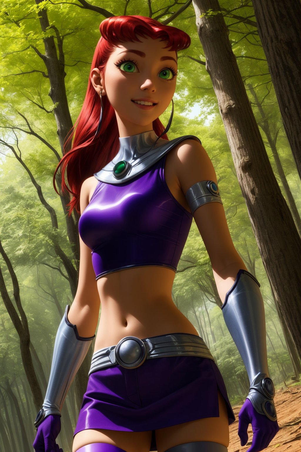 starfire, 1girl, solo, green eyes, long hair, red hair, orange skin, dark skin, dark-skinned female,purple miniskirt, purple crop top, sleeveless, bare shoulders, purple thighhighs, midriff, armlet, gloves, vambraces,smile,closed mouth,cowboy shot,forest,outdoor,(insanely detailed, beautiful detailed face, masterpiece, best quality) cinematic lighting,<lora:Starfire_v3:1>, <lora:more_details:0.3>,