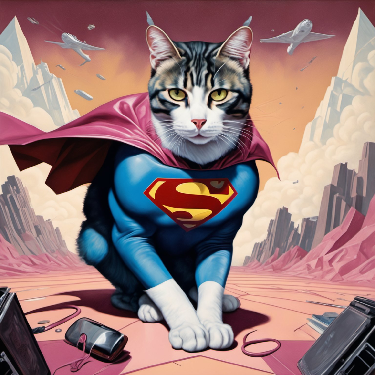 [ (stylized by Anna Dittmann:1.1) : (J.C. Leyendecker:0.7) :9], Magenta mountains, Mystifying (superman cats:1.2) , wearing Supernatural super hero costume, nike sneakers, Hurricane, Regret, Hyperrealism, One Color, aw0k cat