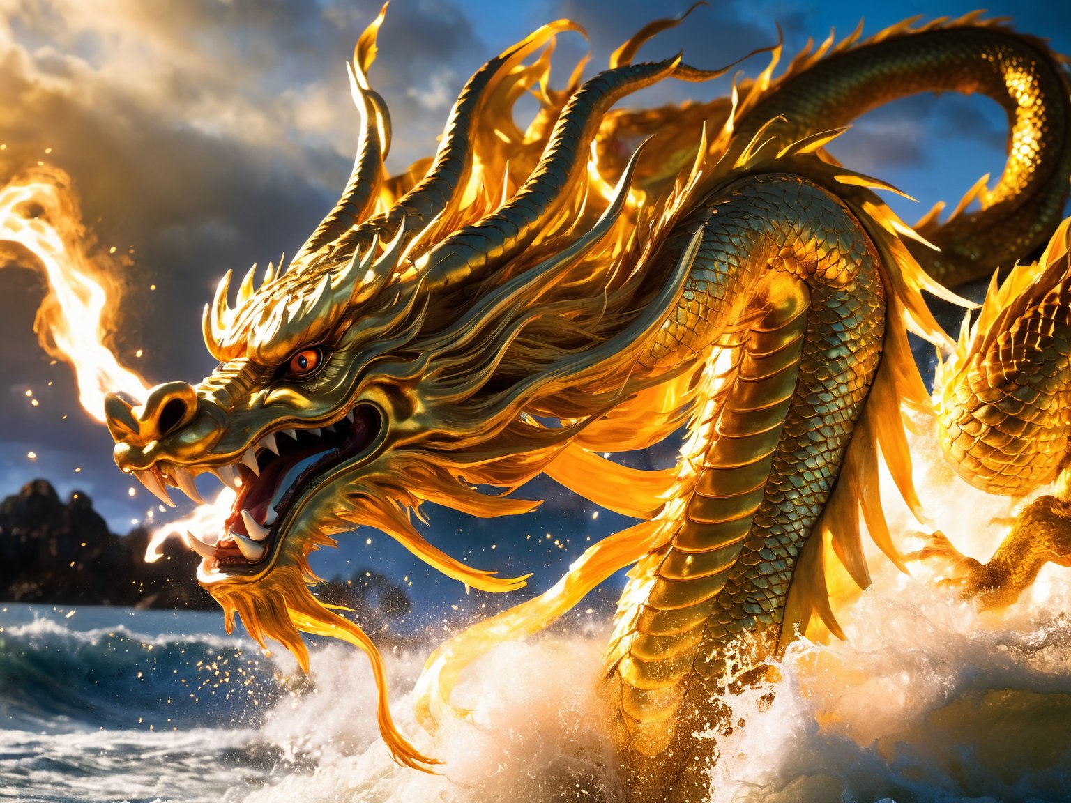 chinese golden eastern dragon,warlord,DCG,epic scenes,special effects,huge waves,realistic photo,ultimate light and shadow,cast a spell,