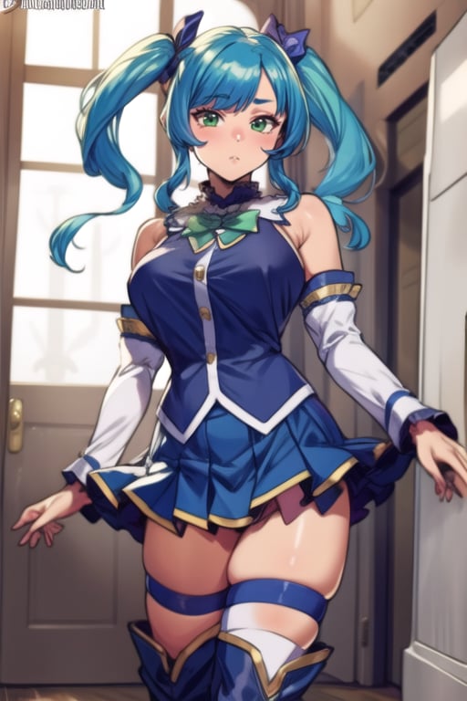 1girl, green hair, long hair, green eyes, twintails, cosplay, blue shirt, blue skirt, green bowtie, white thighhighs, gem, boots, pleated skirt, zettai ryouiki, detached sleeves, white sleeves, sleveeles shirt, see-throught, <lora:AquaKonosubaCostume-10:1>, BREAK(masterpiece, best quality, ultra detailed, intricate details:1.2), beautiful detailed eyes, solo,  <lora:more_details:0.4> 