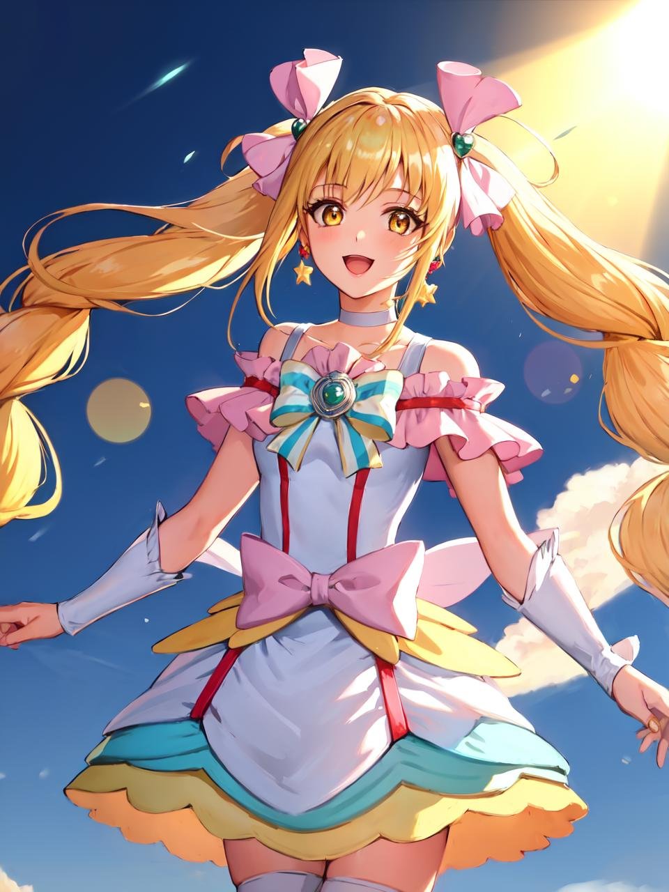 masterpiece, best quality, looking at viewer, depth of field, standing, open mouth, 1girl, <lora:locon_cure_echo_01:0.9>, cure echo, blonde hair, twintails, hair ribbon, knee boots, earrings, arm warmers, brooch, choker, yellow eyes, shorts under skirt, white shorts, smile, ((gradient background)), lens flare,