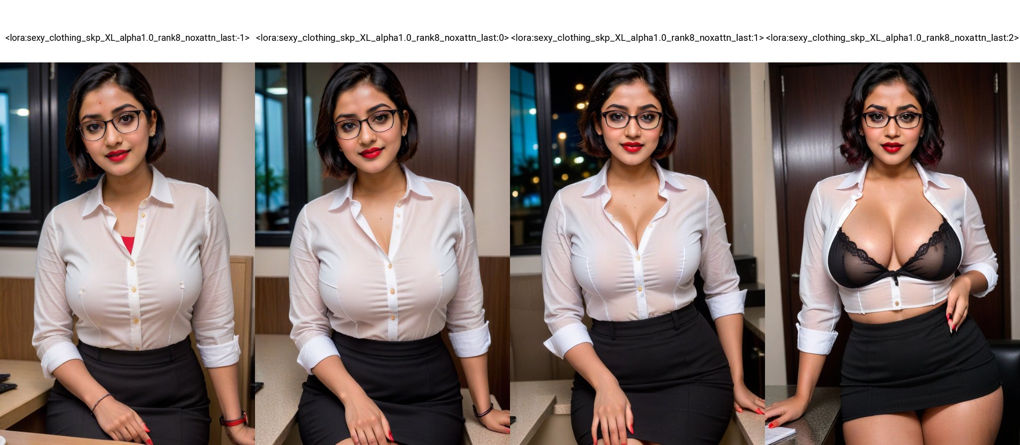 medium selfie photo, realistic, ((realistic skin tones, intricate details, naturalism, hyperdetailed, hyperrealistic)) cute busty Indian girl, 30 years old, wearing reading glasses, black one sided pixie cut hair, dusky skin, bhindi, plain white office shirt and plain black pencil skirt full body view, full body view, athletic body but huge boobs, showing very busty boobs cleavage, visible breast, side view, sitting in cafe, night time, dimple, red lipstick, brown eyes, kajal mascara, dimple, smile, 8 k, sharp focus, 4k, highly detailed<lora:sexy_clothing_skp_XL_alpha1.0_rank8_noxattn_last:-1>