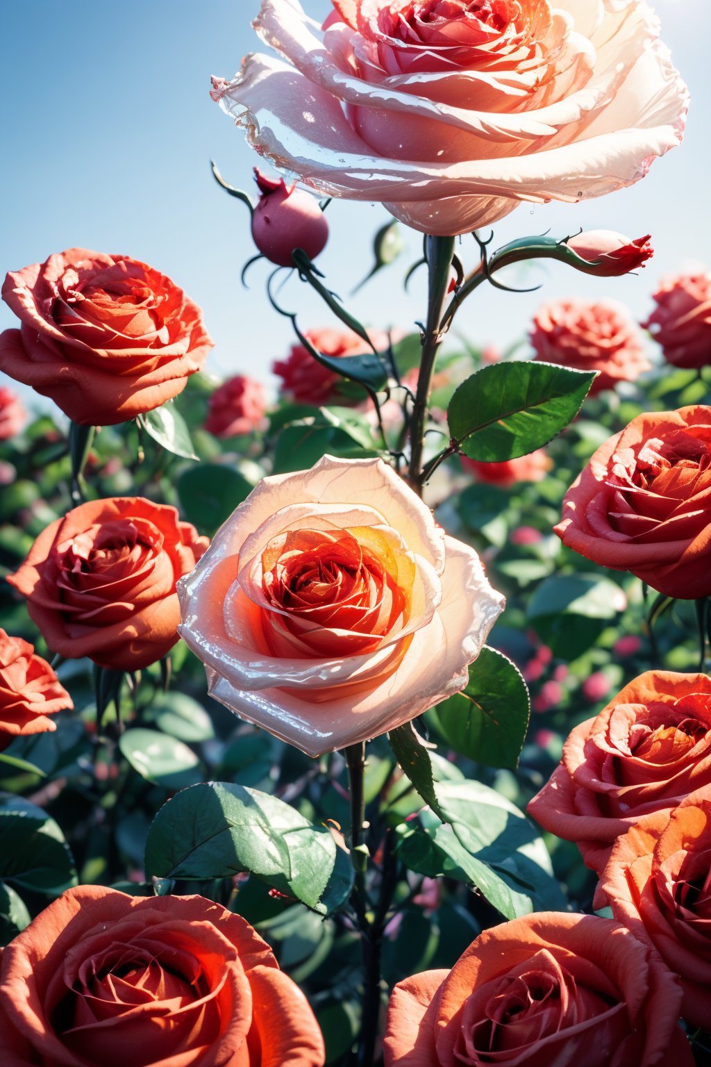 photorealistic, realistic, no humans, flower, blurry, orange flower, still life, depth of field, outdoors, blurry background, day, sky, red flower, blue sky, cloud, leaf, scenery, rose, (transparent rose:1.4)