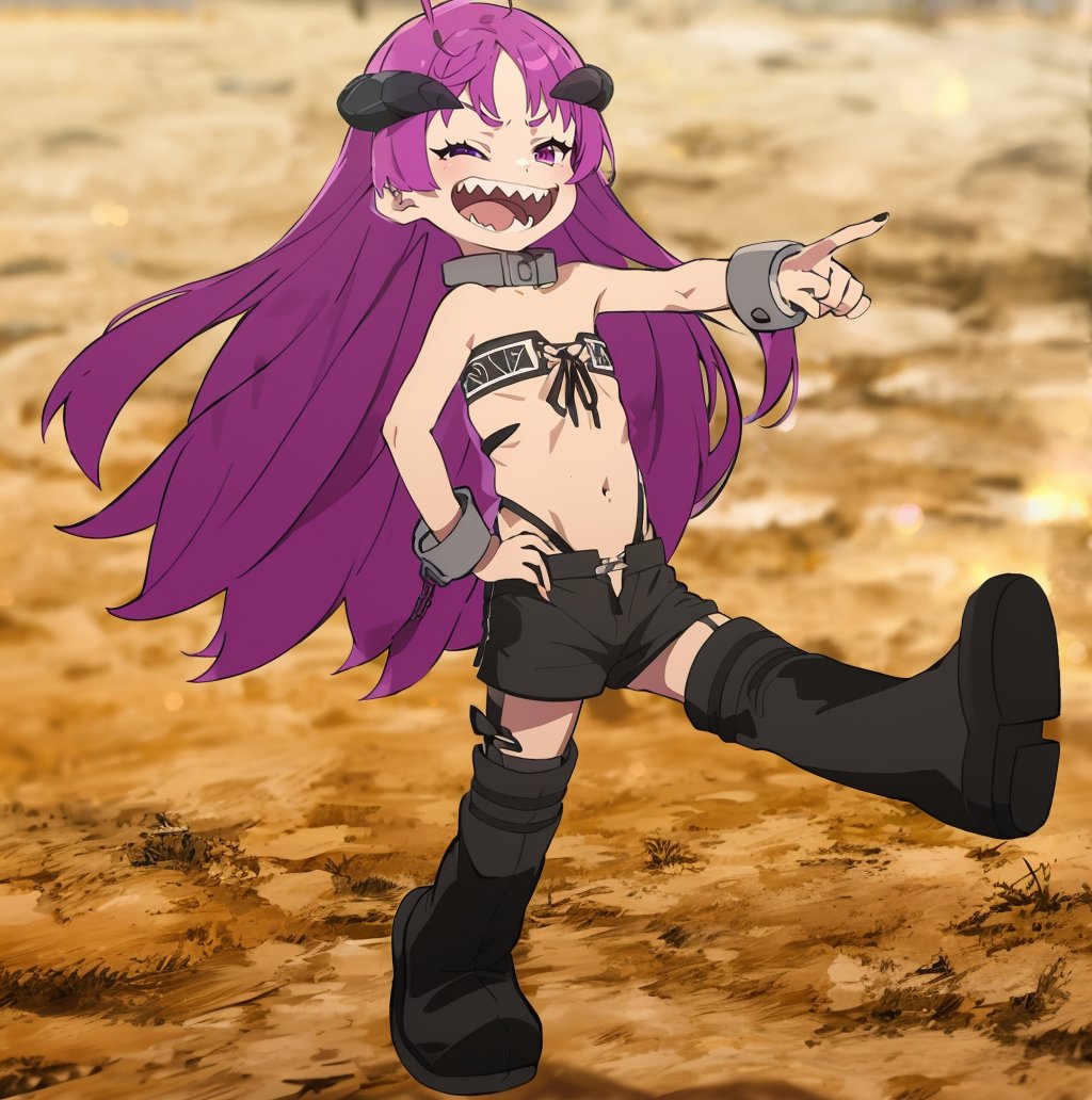 1girl,sharp teeth,solo,long hair,teeth,closed eyes,horns,shorts,chain,black shorts,smile,ahoge,boots,purple hair,navel,open mouth,flat chest,cuffs,hand on hip,bikini,parody,thighhighs,pointing,black footwear,swimsuit,collar,full body,underwear,very long hair,metal collar,<lora:奇希莉卡·奇希里斯1V:0.6>,奇希莉卡·奇希里斯,1girl,heterochromia,horns,purple hair,purple eyes,antenna hair,bangs,very long hair,eyelashes,black collar,metal collar,cuffs,navel,front-tie top,bandeau,highleg panties,broken chain,flat chest,bare shoulders,midriff,strapless,bare arms,fingernails,shackles,black shorts,short shorts,black footwear,thigh boots,Exquisite visuals,high-definition,masterpiece,best quality,8yo,Young female,Beautiful Fingers,Beautiful long legs,Beautiful body,Beautiful Nose,Beautiful character design,perfect eyes,perfect face,expressive eyes,looking at viewer,official art,extremely detailed CG unity 8k wallpaper,perfect lighting,Colorful,Bright_Front_face_Lighting,shiny skin,(masterpiece:1),(best_quality:1),ultra high res,4K,ultra-detailed,photography,8K,HDR,highres,absurdres:1.2,Kodak portra 400,film grain,blurry background,bokeh:1.2,lens flare,(vibrant_color:1.2),(beautiful_face:1.5),(narrow_waist),NSFW,