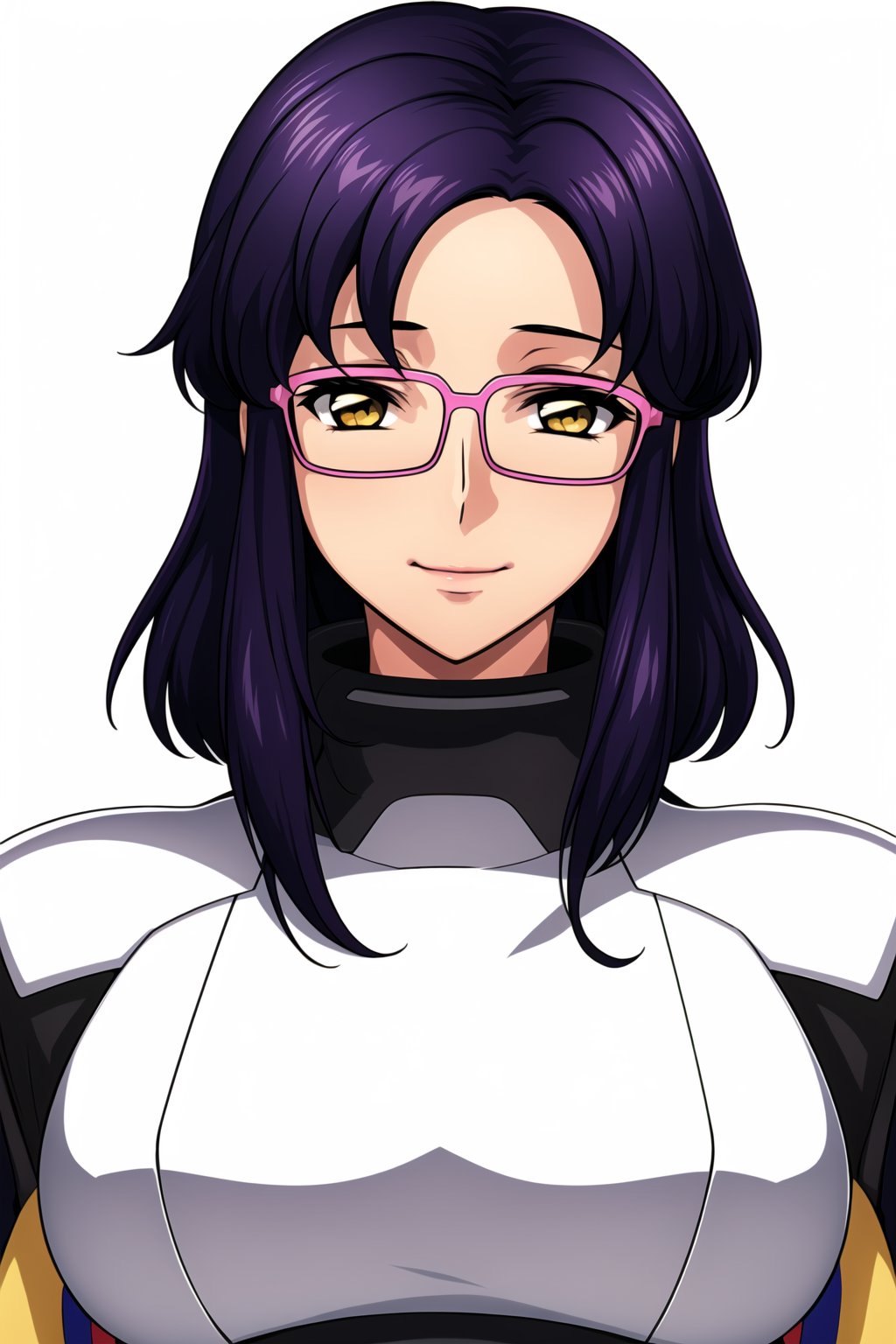 Simple White Background,Standing at attention,yellow vest and black vest with a green shirt on,<lora:Juri_Wu_Nien_Gundam_Seed-KK77-V1:0.7>,glasses,purple hair, yellow eyes,short hair,forehead,<lora:Mariana_Luciano_NON_VIRGIN-KK77-V1:0.3>,<lora:more_details:0.1>,1 girl, 20yo,Young female,Beautiful Finger,Beautiful long legs,Beautiful body,Beautiful Nose,Beautiful character design, perfect eyes, perfect face,expressive eyes,perfect balance,looking at viewer,(Focus on her face),closed mouth, (innocent_big_eyes:1.0),Light_Smile,official art,extremely detailed CG unity 8k wallpaper, perfect lighting,Colorful, Bright_Front_face_Lighting,shiny skin,(masterpiece:1.0),(best_quality:1.0), ultra high res,4K,ultra-detailed,photography, 8K, HDR, highres, absurdres:1.2, Kodak portra 400, film grain, blurry background, bokeh:1.2, lens flare, (vibrant_color:1.2),professional photograph,(Beautiful,large_Breasts:1.4), (beautiful_face:1.5),(narrow_waist),