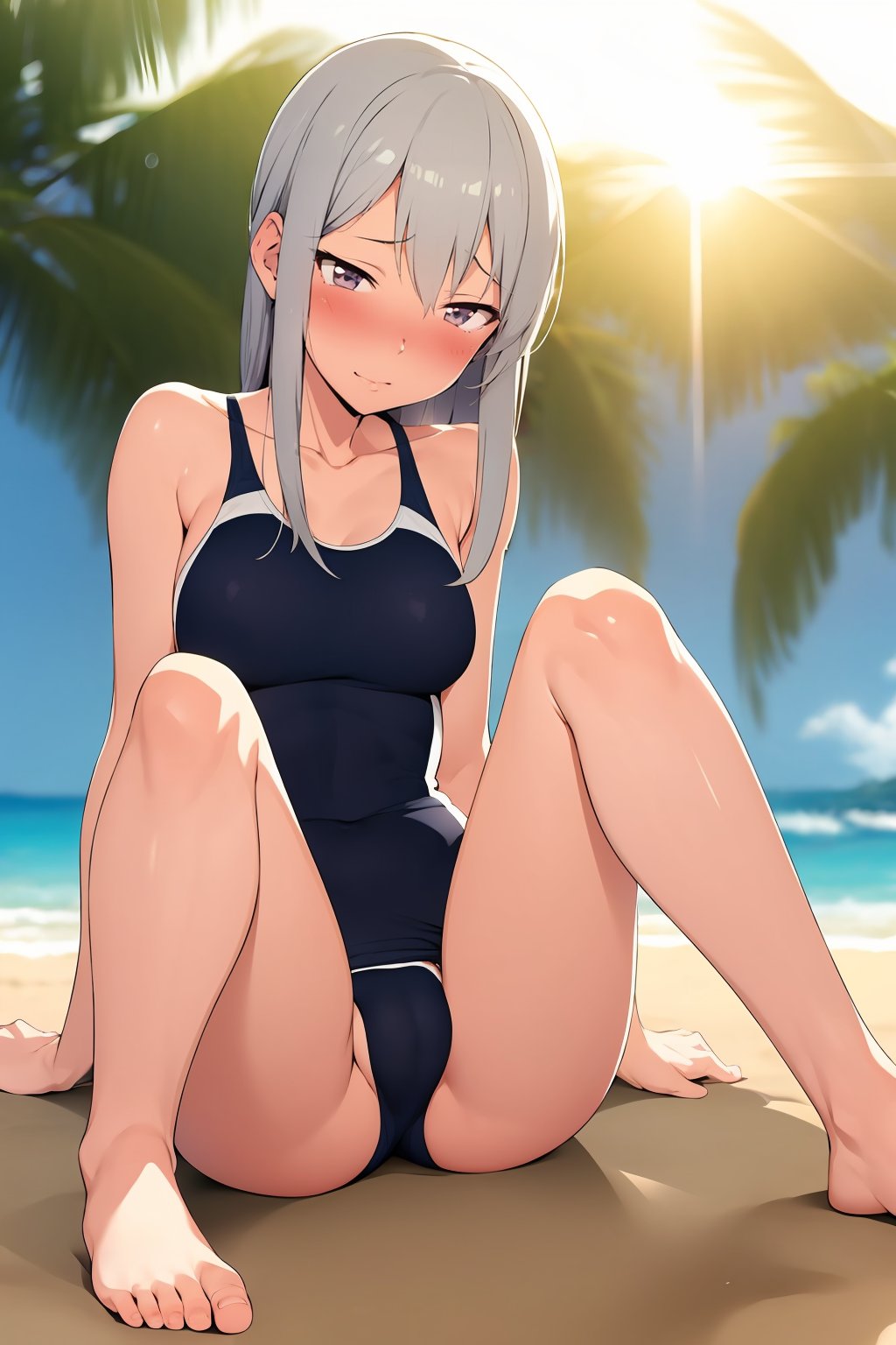 embarrassed anime girl sitting on beach, 1girl, solo, sitting, barefoot, swimsuit, gray hair, two-tone hair,  beach, sun rays, blurred, blush, embarrassed, legs in front, two feet