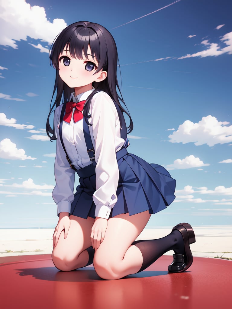 <lora:Tsutsumi_Kinuka:0.8>, TsutsumiKinuka, 1girl, solo, black hair, skirt, socks, long hair, kneeling, white socks, shoes, school uniform, looking at viewer, suspenders, bow, shirt, kneehighs, v, blue skirt, full body, black eyes, white shirt, bowtie, pleated skirt, red bow, bangs, long sleeves, loafers, smile, closed mouth, suspender skirt, sky, masterpiece, high quality, very_high_resolution, large_filesize, full color,