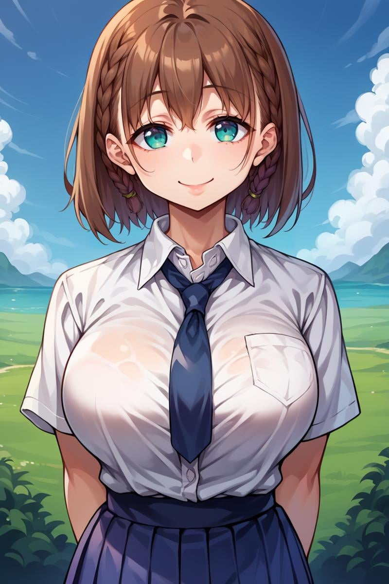 score_9, score_8_up, score_7_up, score_6_up, source_anime, BREAK 1girl, solo,  <lora:aichan-pdxl-nvwls-v1-000005:1> aichan, brown hair, cyan eyes, braid, white shirt, collared shirt, blue necktie, pleated skirt, blue skirt, large breasts, looking at you, smile, arms behind back, blue sky, clouds