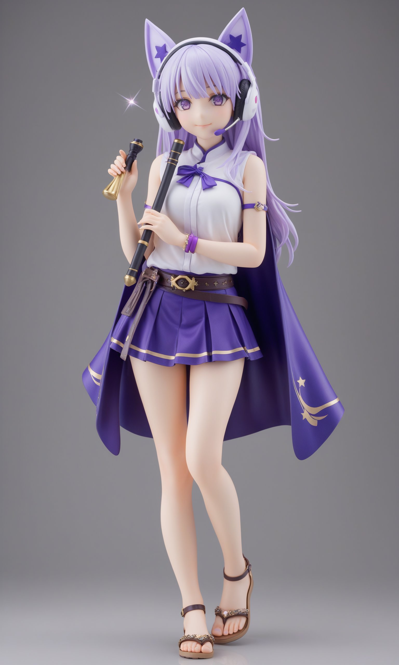 toyosatomimi no miko,1girl, solo, smile, purple_skirt, earmuffs, white_background, bracelet, simple_background, full_body, closed_mouth, looking_at_viewer, holding, sleeveless_shirt, blouse, belt, ritual_baton, sword, sparkle, purple_cape, blush, sandals, anklet, standing_on_one_leg, sheath, gold,star-shaped_pupils,symbol-shaped_pupils,. gorgeous,key visual, vibrant, studio anime,award-winning, professional, highly detailed,high budget, cinemascope