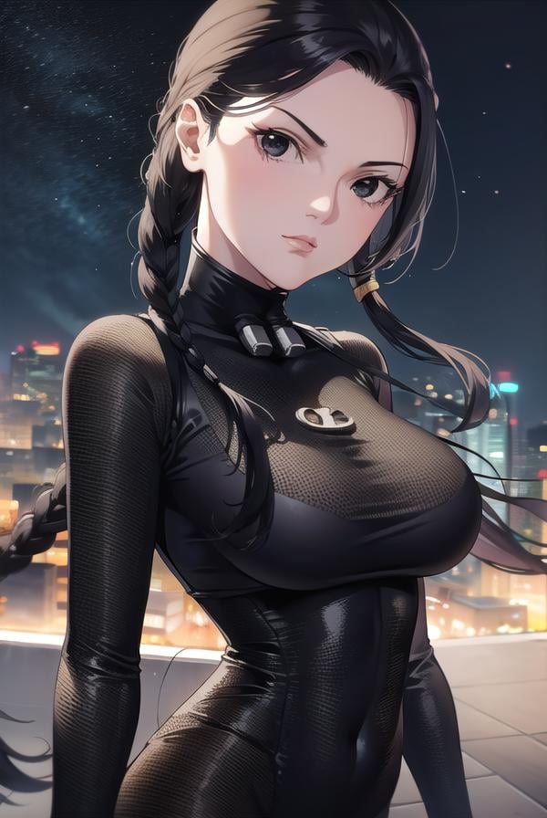 seisakuraoka, <lora:sei sakuraoka manga-lora-nochekaiser:1>,sei sakuraoka, braid, black hair, (black eyes:1.5), single braid,BREAK bodysuit, black bodysuitBREAK outdoors, city, night, sky, starry sky, moon,BREAK looking at viewer, (cowboy shot:1.5),BREAK <lyco:GoodHands-beta2:1>, (masterpiece:1.2), best quality, high resolution, unity 8k wallpaper, (illustration:0.8), (beautiful detailed eyes:1.6), extremely detailed face, perfect lighting, extremely detailed CG, (perfect hands, perfect anatomy),