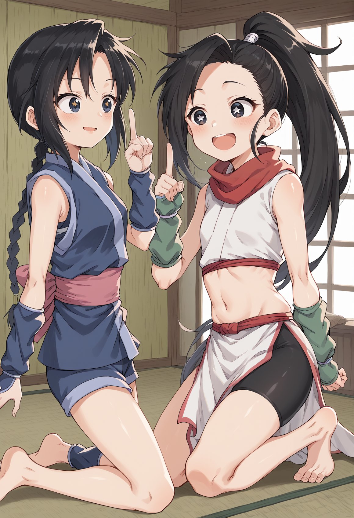 2girls, talking, indoors, tatami, hut, 1girl, long hair, black hair, blue eyes, (braid), ninja, sleeveless, obi, ribbon, shorts, arm warmers, barefoot, pointing up, closed eyes, proud, from side, kneeling, medium breasts,  <lora:Misao:1>BREAK2girls, talking, indoors, tatami, hut, 1girl, very long hair, black hair, high ponytail, high ponytail, black eyes, red scarf, bike shorts, arm warmers, white crop top, crop top, white pelvic curtain, pelvic curtain, barefoot, excited, starry eyes, smile, open mouth, from side, kneeling  <lora:tsubaki_kunoichi:0.8>, score_9, score_8_up, score_7_up, score_6_up, score_5_up, score_4_up, BREAK source_anime, masterpiece