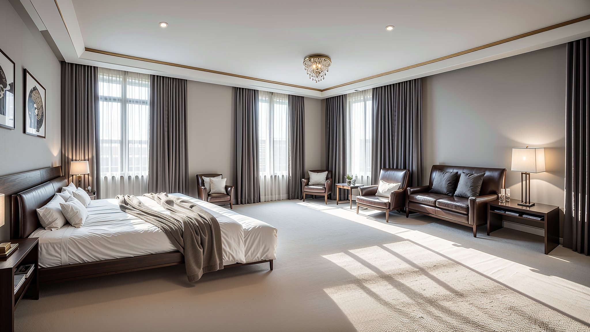 in the night, nice lighting, luxury interior, white leather bed,tufted carpet,bronze wall lights, large glass window with gray drapes, natural light, 4k, realistic