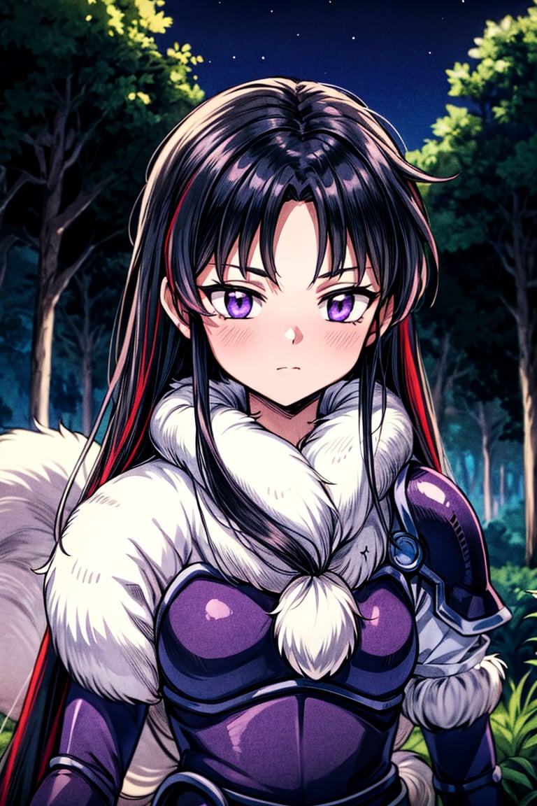 masterpiece,  best quality 1girl Setsun4 solo long hair,  (night time) forest background black hair very long hair purple eyes multicolored hair armor (fur trim) (medium body),<lora:EMS-179-EMS:0.800000>,<lora:EMS-293862-EMS:0.800000>