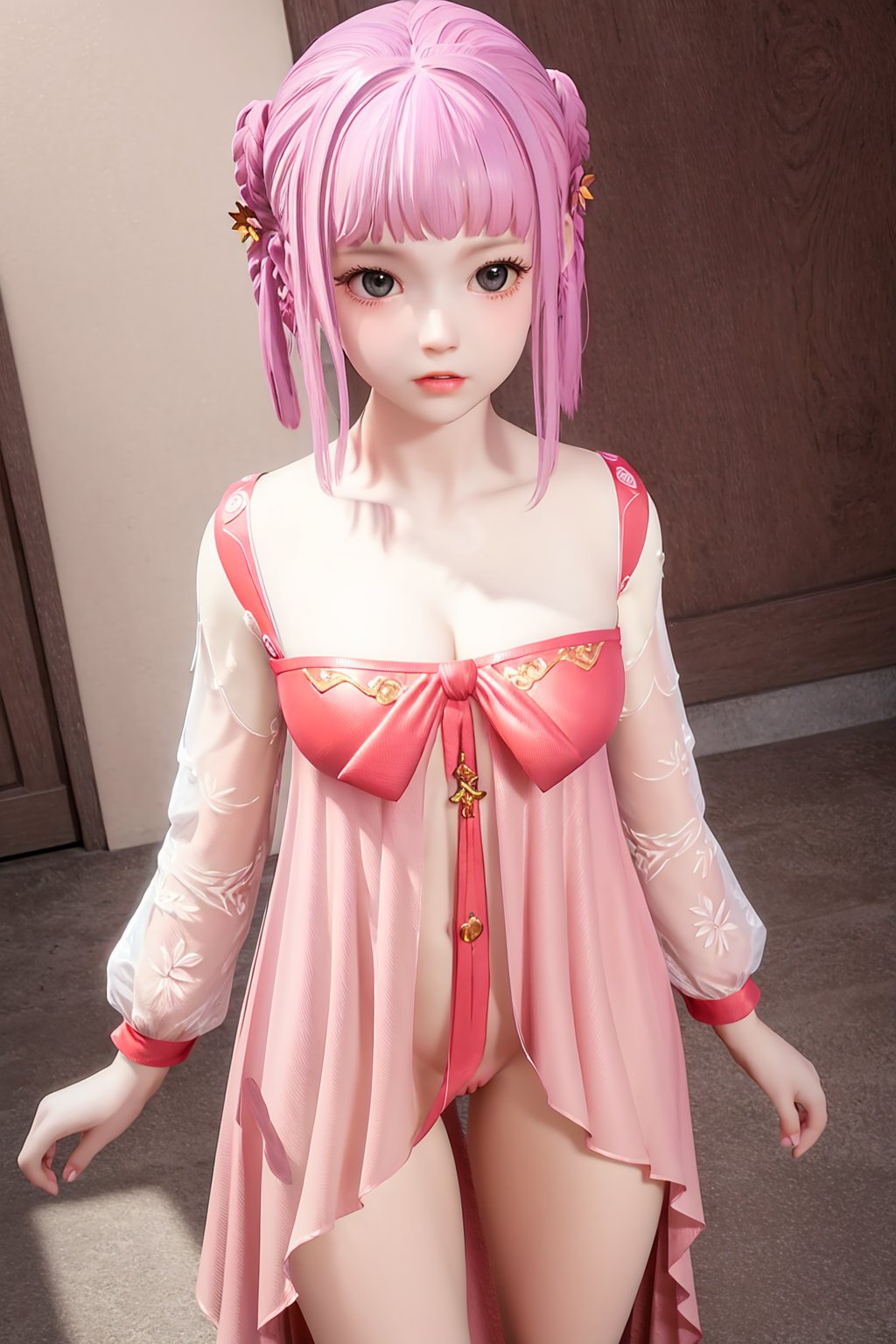 (8k, RAW photo, best quality, masterpiece:1.2),(realistic, photorealistic:1.3),ultra-detailed,extremely detailed cg 8k wallpaper,(crystalstexture skin:1.2),extremely delicate and beautiful,1girl,solo,pink hair,hair ornament,black eyes,bangs,blush,long sleeves,photo_\(medium\),(breasts, medium_breasts, cleavage),looking at viewer,standing,nude,