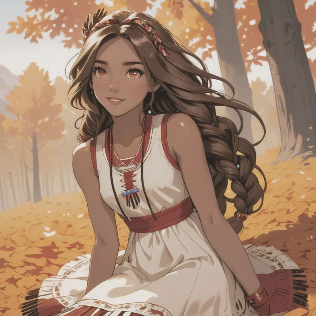 a beautiful dark brown haired girl, very long messy hair, beautiful detailed deep brown eyes, brown skin, tan skin,  native american, cute and beautiful face, relaxed smile, medium breasts, short brown sleeveless thigh length deerskin dress, tassels on the hem, brown moccasins, (large red feather in her hair:1.2), brown string bracelet, brown string necklace with beads, crown braid with beads, medium full body view, colorful, (masterpiece:1.2), (best quality:1.2), ultra-detailed, best shadow, detailed background, high contrast, (best illumination, an extremely delicate and beautiful), ((cinematic light)), hyper detail, dramatic light, intricate details, 8k, anime, very aesthetic, walking, in a dense hilly deciduous forest, trees fill background and foreground, tree branches cover the sky, autumn season, orange leaves blowing in the wind, breezy weather, crepuscular lighting, god rays, cold lighting, moonlight beams, night time, orange leaves cover the ground, thin mist over the ground, dress blowing in the wind, hair blowing in the wind