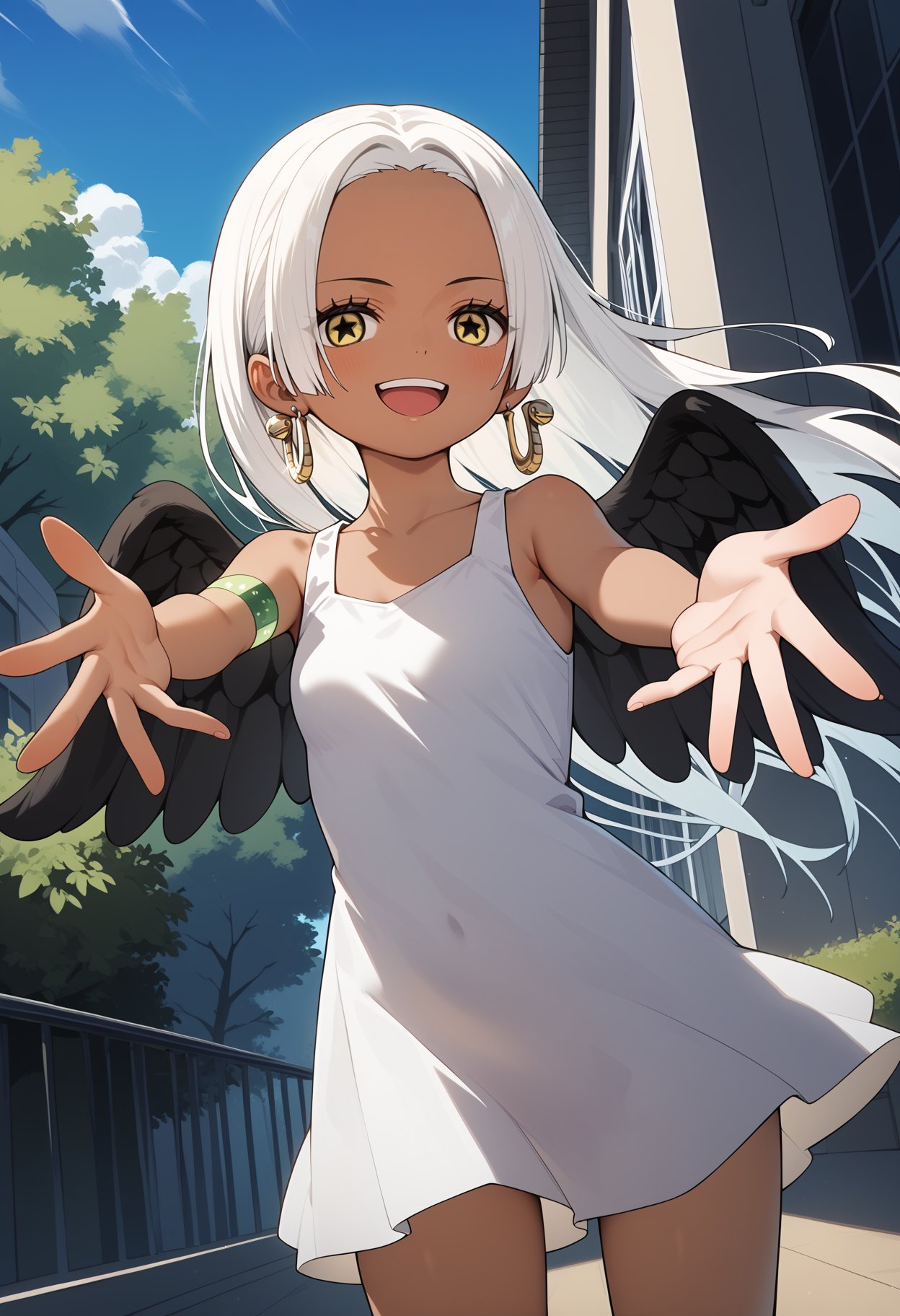 score_9, score_8_up, score_7_up, score_6_up, score_5_up, score_4_up, source_anime, aasnake, long hair, white hair, dark skin, earrings, yellow eyes, symbol-shaped pupils, black wings, small breasts. sundress, white dress, sleeveless, armlet, <lora:s-snake_ponyxl_v1:0.9>, outdoors, smile, open mouth, reaching, standing, cowboy shot, 