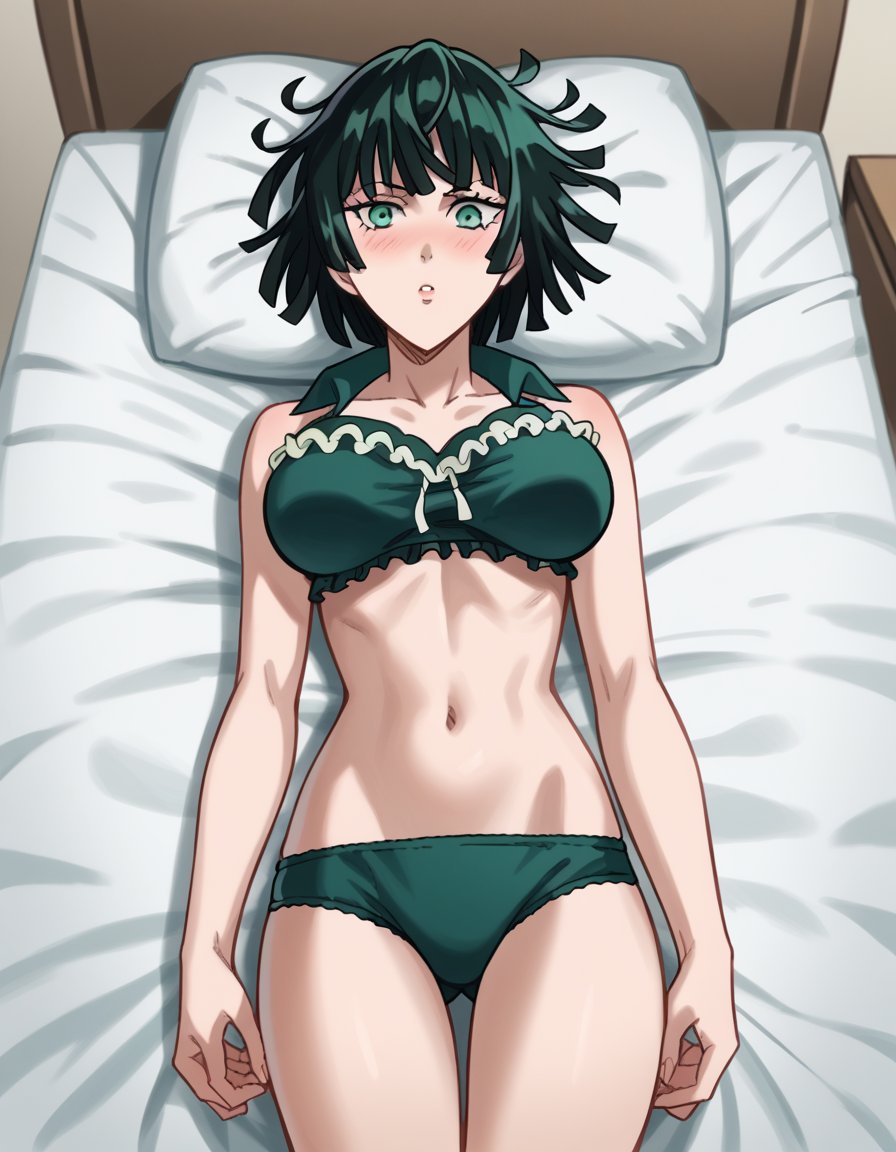 score_9, score_8_up, score_7_up, source_anime, <lora:opm-fubuki-anime-s1s2-ponyxl-lora-nochekaiser:1>, fubuki, fubuki \(one-punch man\), black hair, green eyes, short hair, large breasts,, <lora:cinderella-bust-ponyxl-lora-nochekaiser_r1:1>, cinderella bust, underwear only, frilled bra, navel, panties,, indoors, bed, bed room, blush, on bed, on back, , cowboy shot, dutch angle