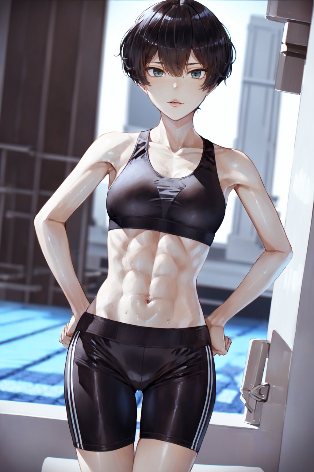 1girl,((solo)),sports bra,navel,short hair,black hair,looking at viewer,shorts,blurry background,parted lips,outdoors,bangs,midriff,blurry,thigh gap,cowboy shot,black eyes,bare shoulders,shiny,toned,abs,black shorts,standing,<lora:girl_偶像大师:1>