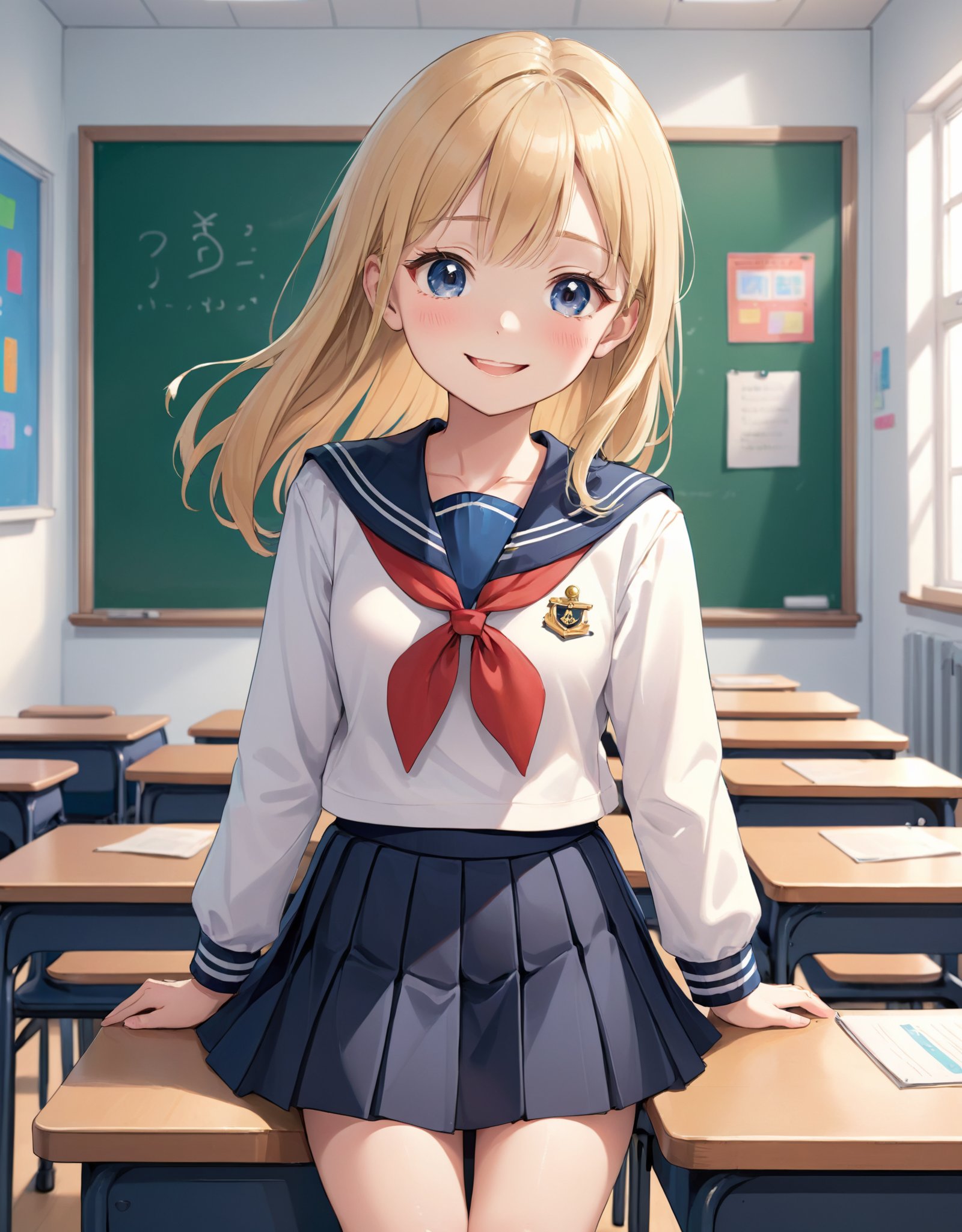 Illustration of a cheerful cute girl with forehead blonde straight hair in a classroom.She is wearing a sailor uniform with a pleated skirt