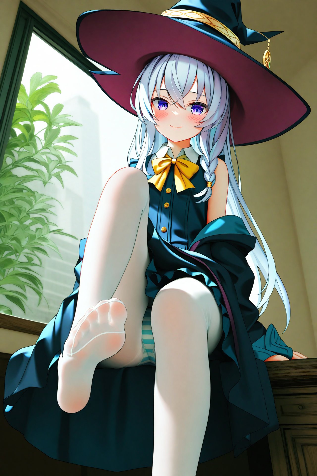 masterpiece,best quality,illustration,ultra detailed,hdr,Depth of field,(colorful),[iumu],[Artist chen bin],nai3 Style,elaina (majo no tabitabi),1girl,feet,pantyhose,striped clothes,solo,striped panties,underwear,panties,toes,soles,hat,long hair,purple eyes,looking at viewer,witch hat,no shoes,shirt,smile,white pantyhose,legs,blush,skirt,white shirt,foot focus,bow,sitting,frilled skirt,black headwear,yellow bow,panties under pantyhose,frills,braid,white hair,yellow bowtie,robe,indoors,black robe,collared shirt,closed mouth,hair between eyes,black skirt,bowtie,plant,grey hair,foot out of frame,window,presenting foot,knee up,sleeveless,