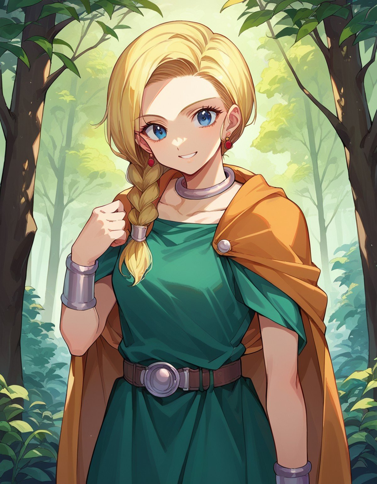 score_9, score_8_up, score_7_up, source_anime,dqbianca, <lora:dq-bianca-ponyxl-lora-nochekaiser:1>,bianca, blonde hair, blue eyes, braid, braided ponytail, long hair, smile,belt, brown belt, cape, dress, earrings, jewelry, green dress,outdoors, forest, nature,looking at viewer, dutch angle, cowboy shot,