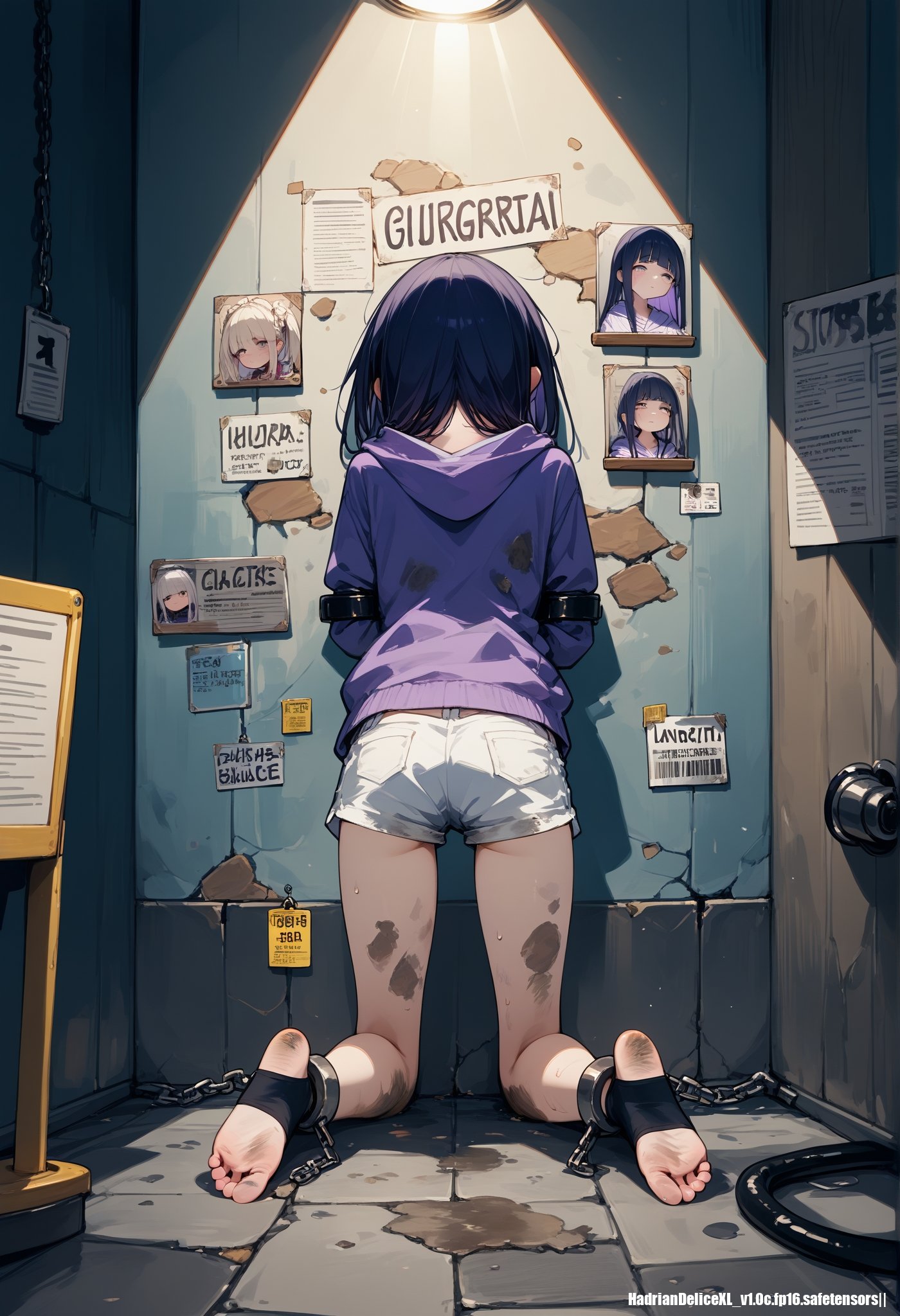 score_10,score_9_up,score_8_up,score_7_up, hadrian, (((glory wall,big profile photo))), hyuuga hinata, body,slim,skinny,price tag, price list, headless,kneeling,bound arms,dirty,shackles, purple hoodie,short shorts,black kneehighs, toeless footwear, spotlight,sweatdrop, soles,from behind,