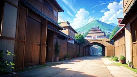 photography, konohavillage konoha gate walls, cable, tree, head statues of hokage at mountain, flower, at dawn, zebra cross, cloudy sky, cloud, pastel color, <lora:ARWKonohaVillage:1>