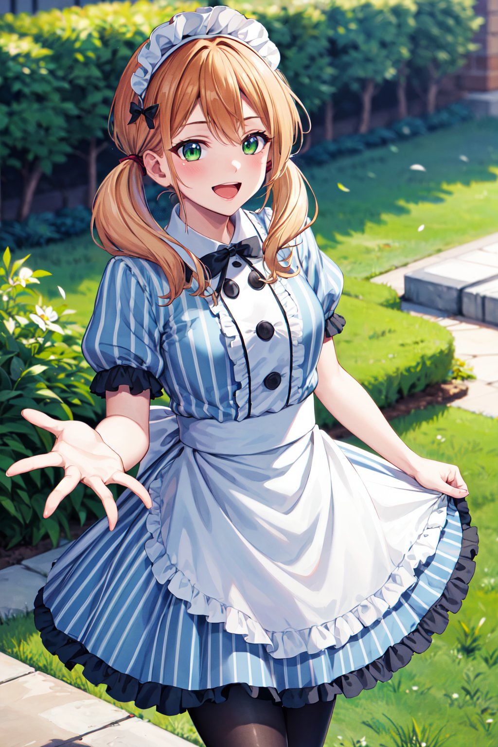 masterpiece, best quality, highres, 1girl, solo, blonde hair, low twintails, maid headdress, hair bow, green eyes, neck ribbon, frills, vertical stripes, blue dress, short sleeves, apron, black pantyhose, <lora:tsukishima_riho_v1:0.7>, reaching out, smile, open mouth, garden