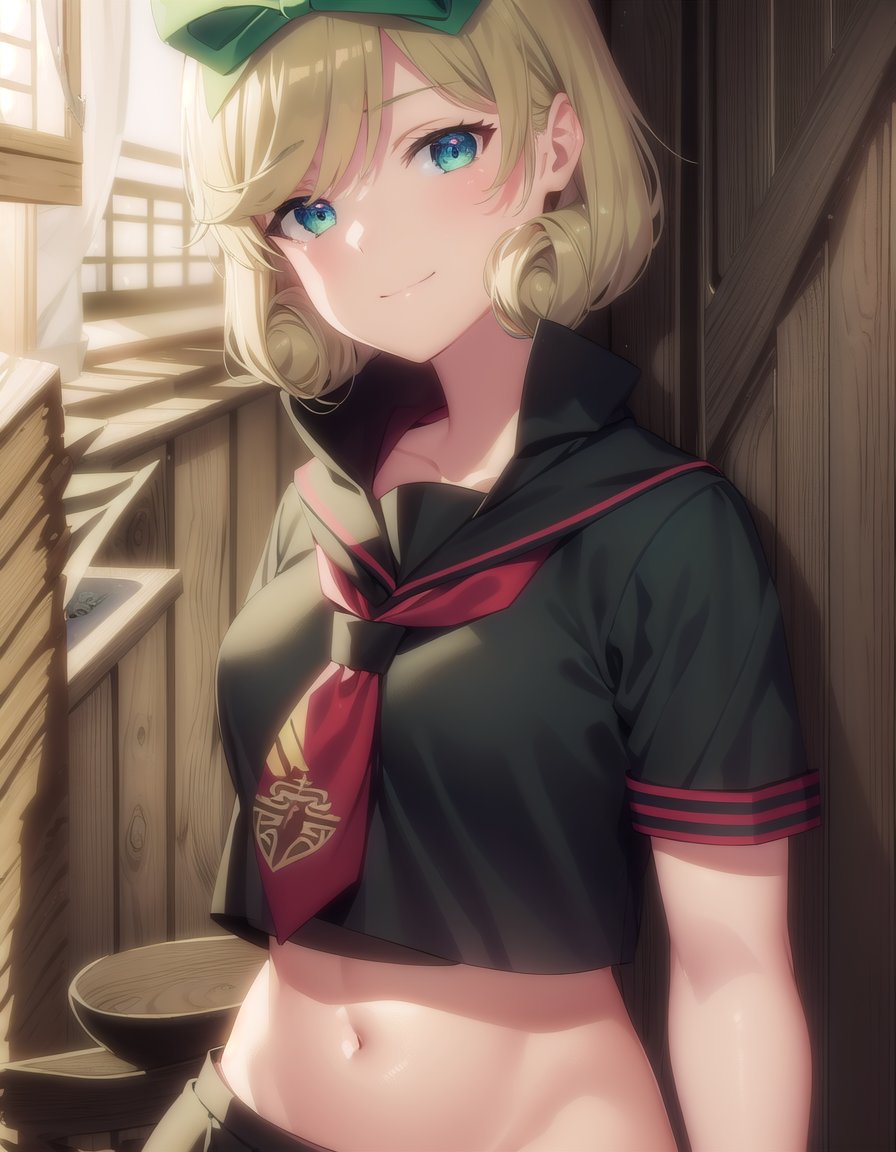 skharuka, <lora:sk haruka s1-lora-nochekaiser:1>,haruka, short hair, blonde hair, (green eyes:1.3), hair bow,BREAK skirt, bow, navel, necktie, serafuku, midriff, crop top, (black serafuku:1.2),BREAK outdoors, beach,BREAK looking at viewer, (cowboy shot:1.5), smile,BREAK <lyco:GoodHands-beta2:1>, (masterpiece:1.2), best quality, high resolution, unity 8k wallpaper, (illustration:0.8), (beautiful detailed eyes:1.6), extremely detailed face, perfect lighting, extremely detailed CG, (perfect hands, perfect anatomy),