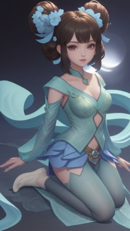 (1girl),smooth chin,masterpiece,detailed face,((hair ornament)),top quality,4k,make up,best quality,medium breasts,(looking at viewer),long legs,double bun,jewelry hair,dress,detached sleeves,ribbon,shawl,light blue skirt,puffy pants,hair rings,hair flower,(wariza),(arms behind back),bangs,jewelry on bangs,<lora:王者 小乔 青蛇SD_v1.0:0.6>,